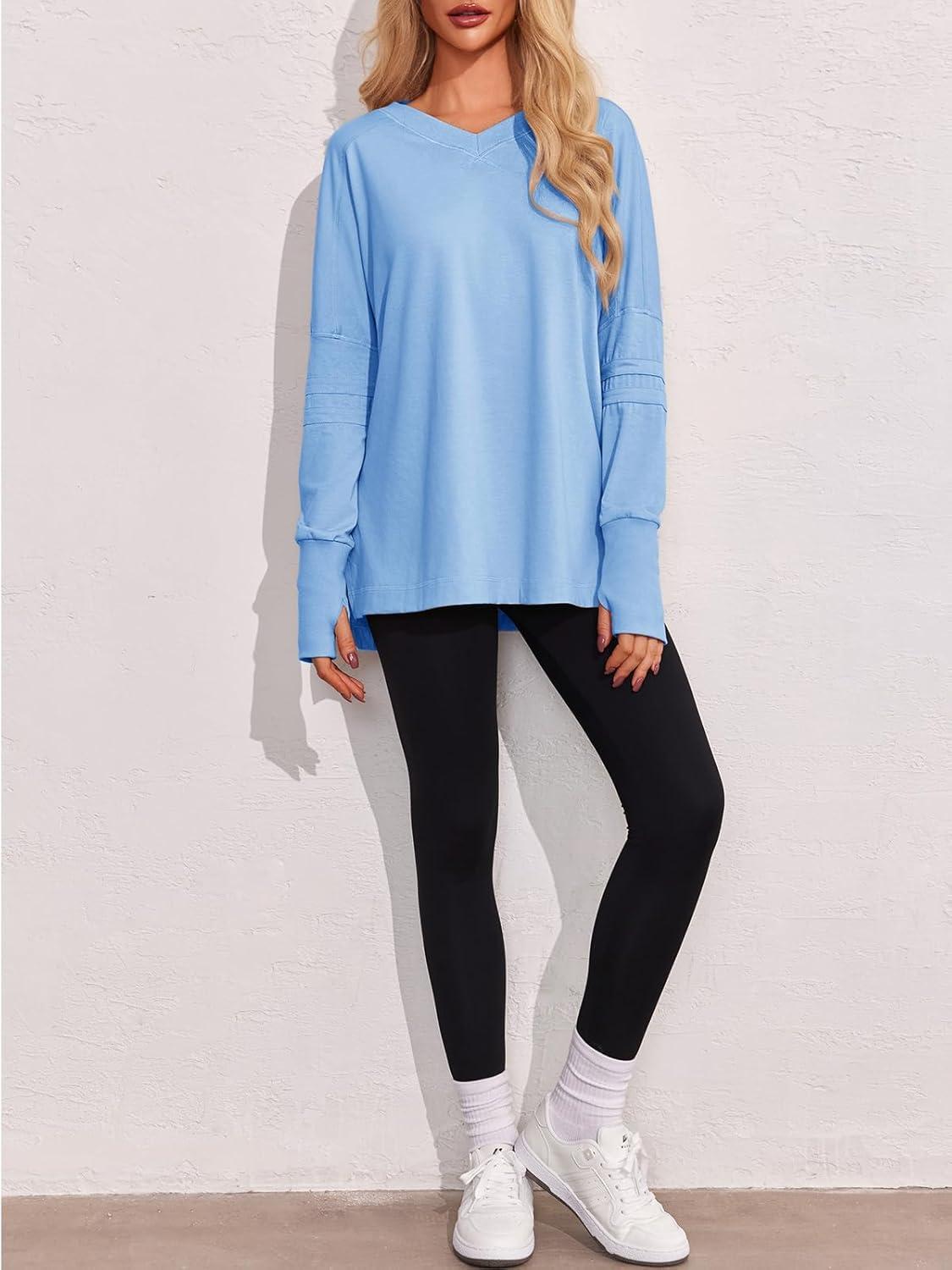 imageTankaneo Womens Oversized Long Sleeve Shirts V Neck Tshirts Casual Loose Fit Tunic Tops for Leggings with Thumb HolesBlue