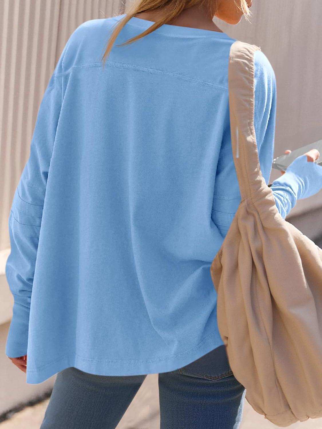 imageTankaneo Womens Oversized Long Sleeve Shirts V Neck Tshirts Casual Loose Fit Tunic Tops for Leggings with Thumb HolesBlue