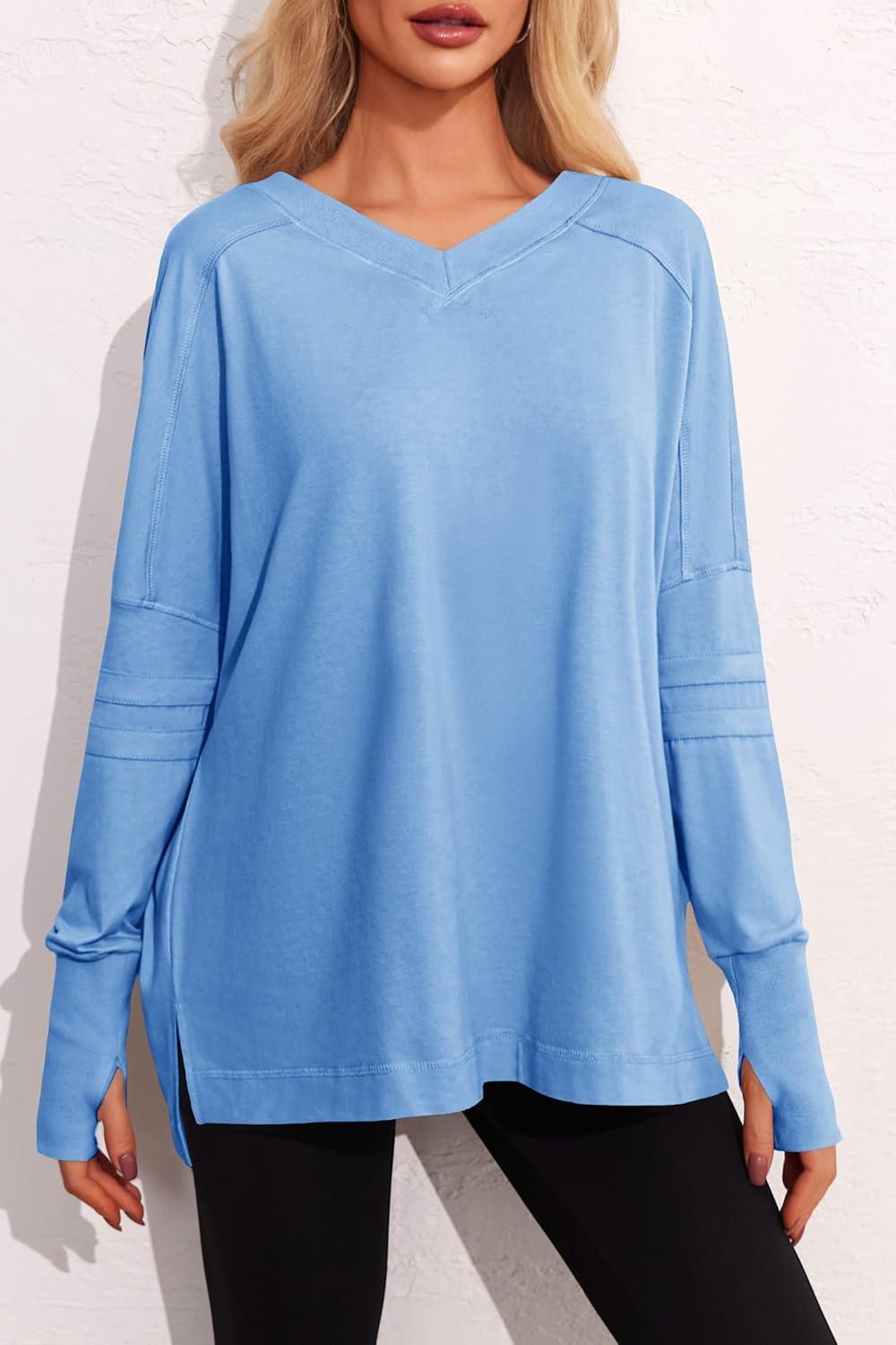 imageTankaneo Womens Oversized Long Sleeve Shirts V Neck Tshirts Casual Loose Fit Tunic Tops for Leggings with Thumb HolesBlue