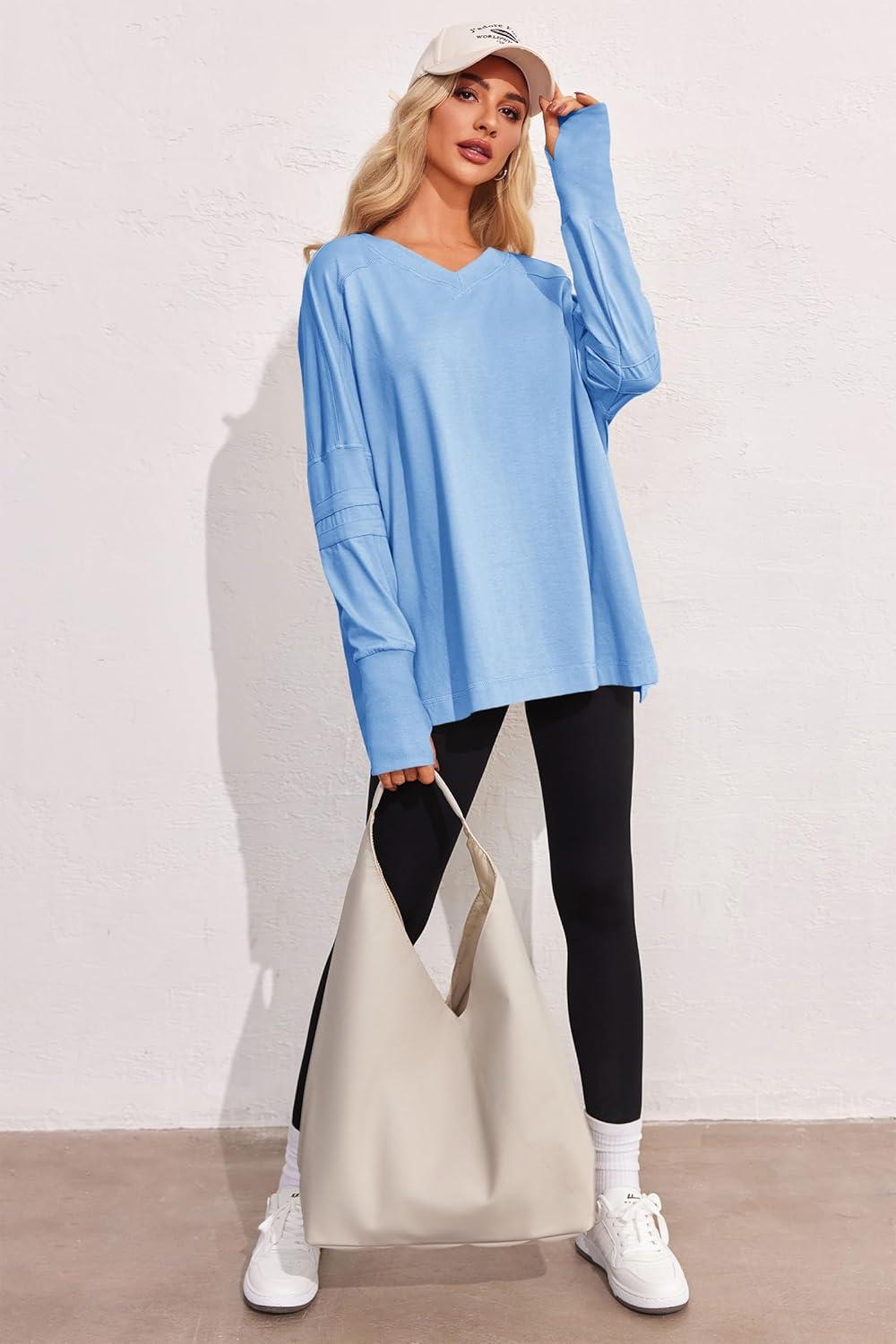 imageTankaneo Womens Oversized Long Sleeve Shirts V Neck Tshirts Casual Loose Fit Tunic Tops for Leggings with Thumb HolesBlue