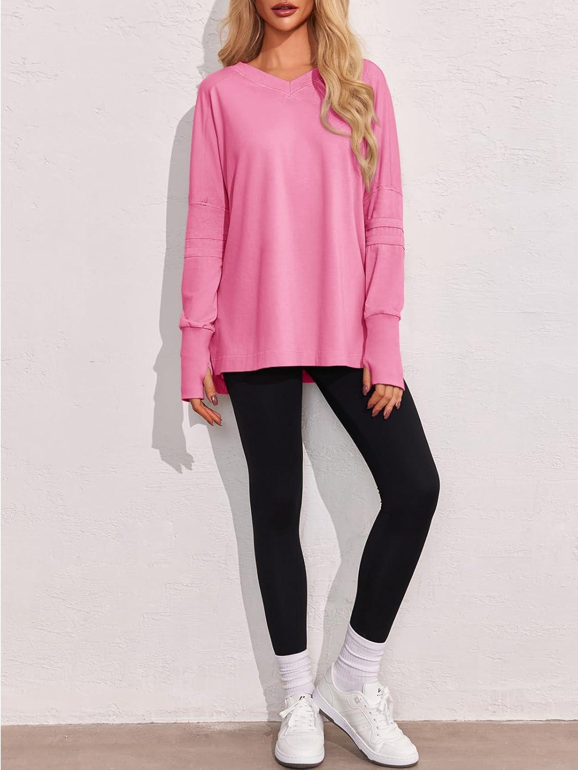 imageTankaneo Womens Oversized Long Sleeve Shirts V Neck Tshirts Casual Loose Fit Tunic Tops for Leggings with Thumb HolesBright Pink