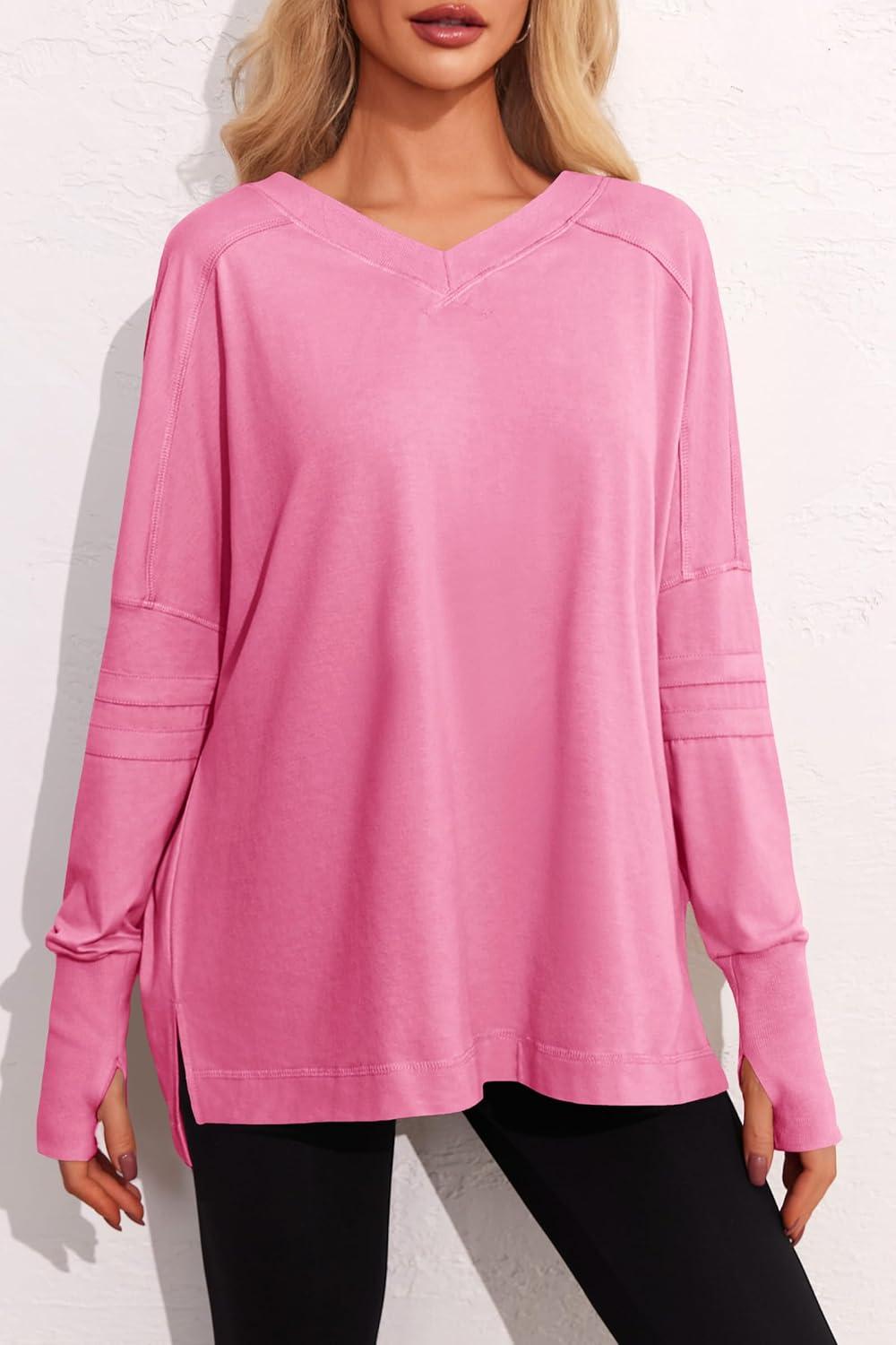 imageTankaneo Womens Oversized Long Sleeve Shirts V Neck Tshirts Casual Loose Fit Tunic Tops for Leggings with Thumb HolesBright Pink