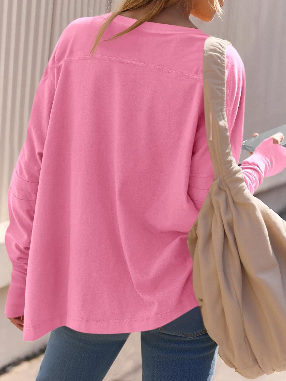 imageTankaneo Womens Oversized Long Sleeve Shirts V Neck Tshirts Casual Loose Fit Tunic Tops for Leggings with Thumb HolesBright Pink