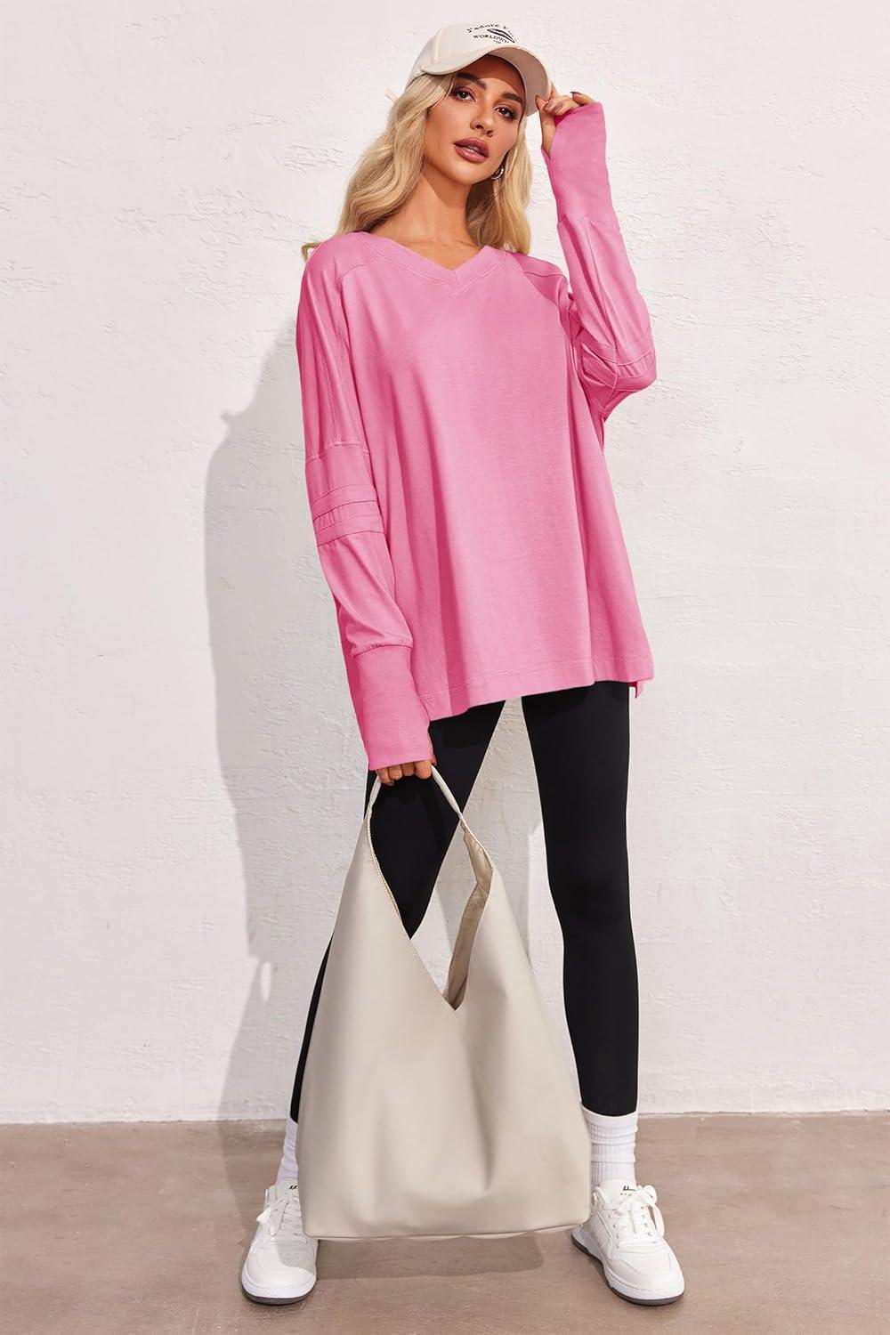 imageTankaneo Womens Oversized Long Sleeve Shirts V Neck Tshirts Casual Loose Fit Tunic Tops for Leggings with Thumb HolesBright Pink