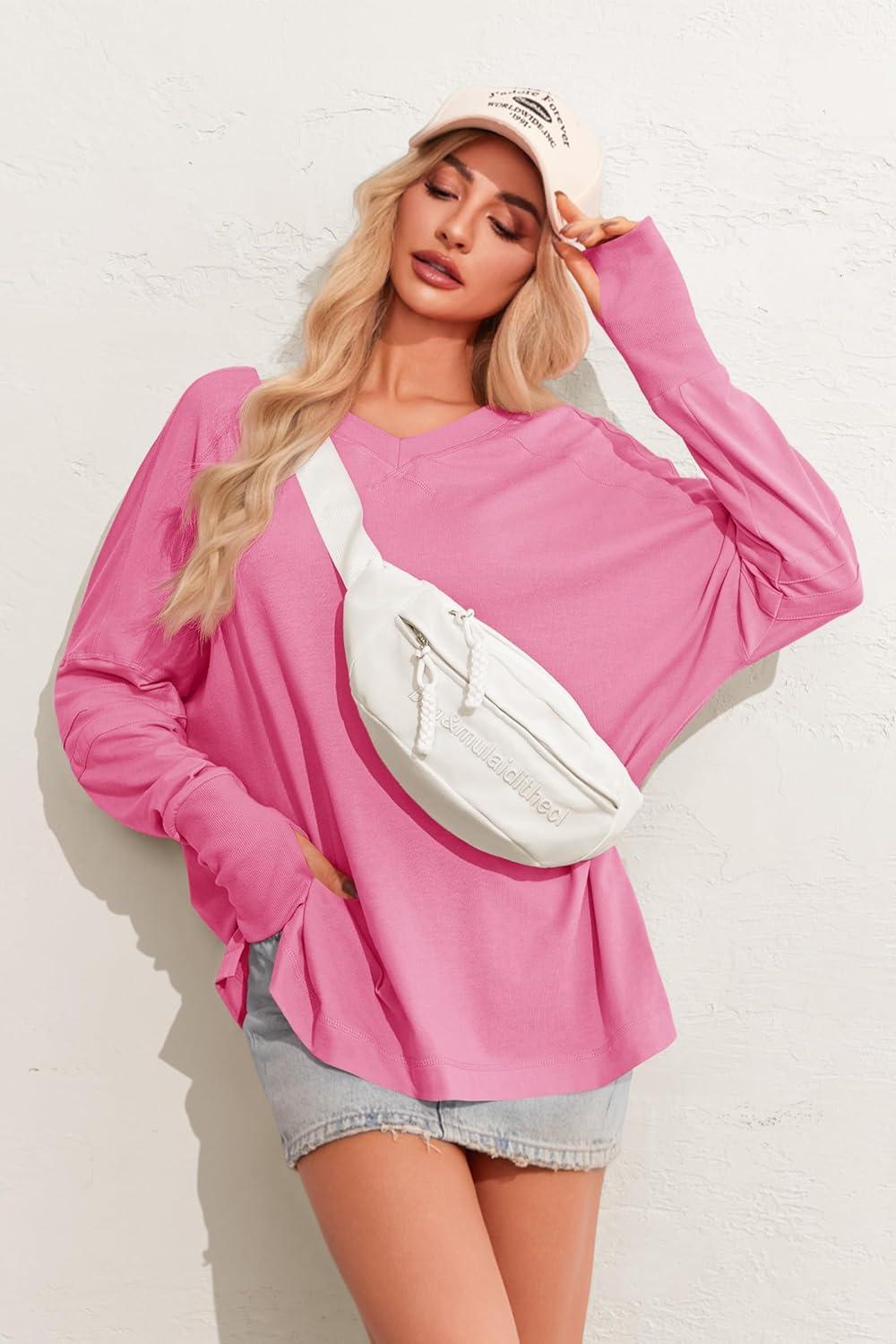 imageTankaneo Womens Oversized Long Sleeve Shirts V Neck Tshirts Casual Loose Fit Tunic Tops for Leggings with Thumb HolesBright Pink