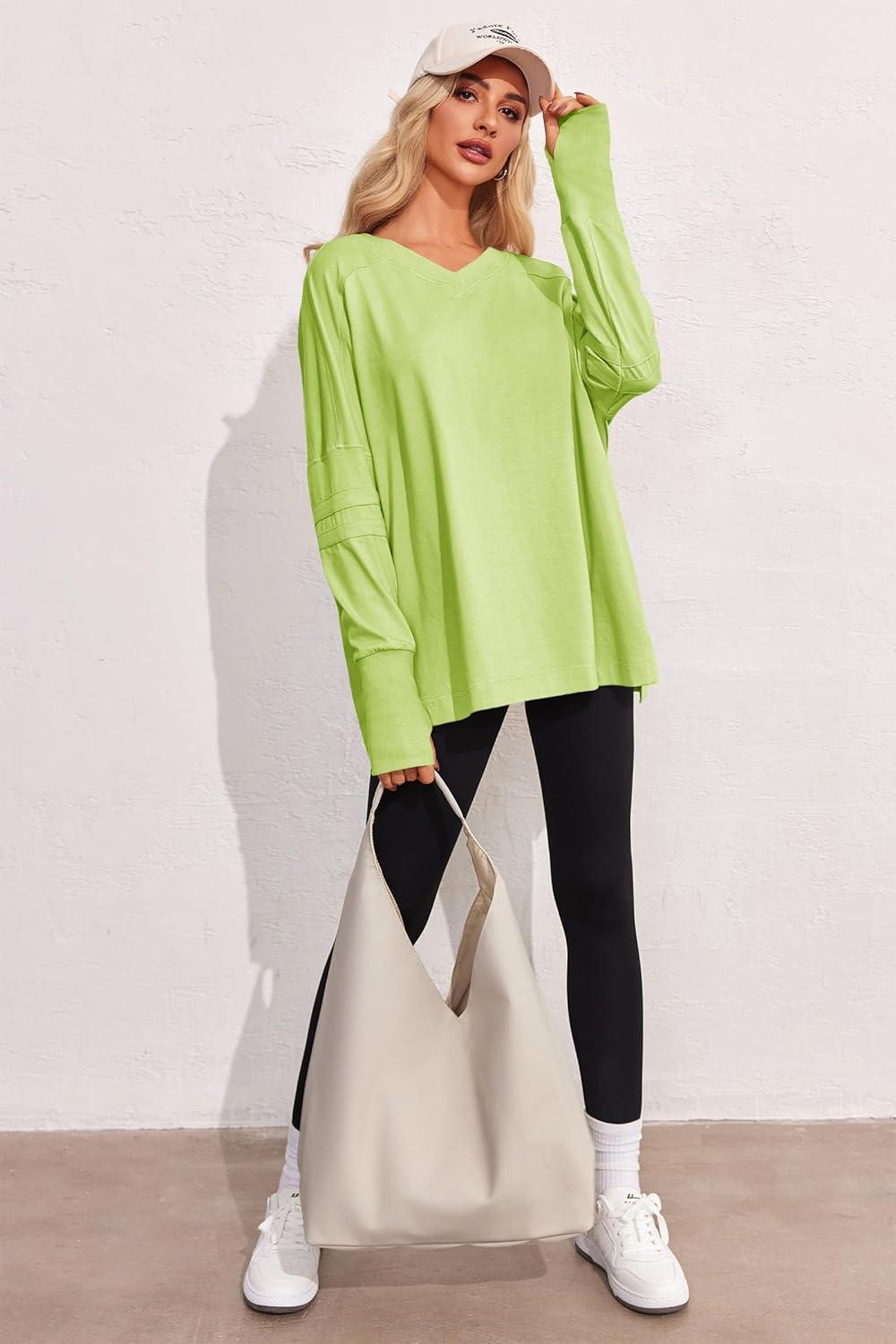 imageTankaneo Womens Oversized Long Sleeve Shirts V Neck Tshirts Casual Loose Fit Tunic Tops for Leggings with Thumb HolesFluorescent Green
