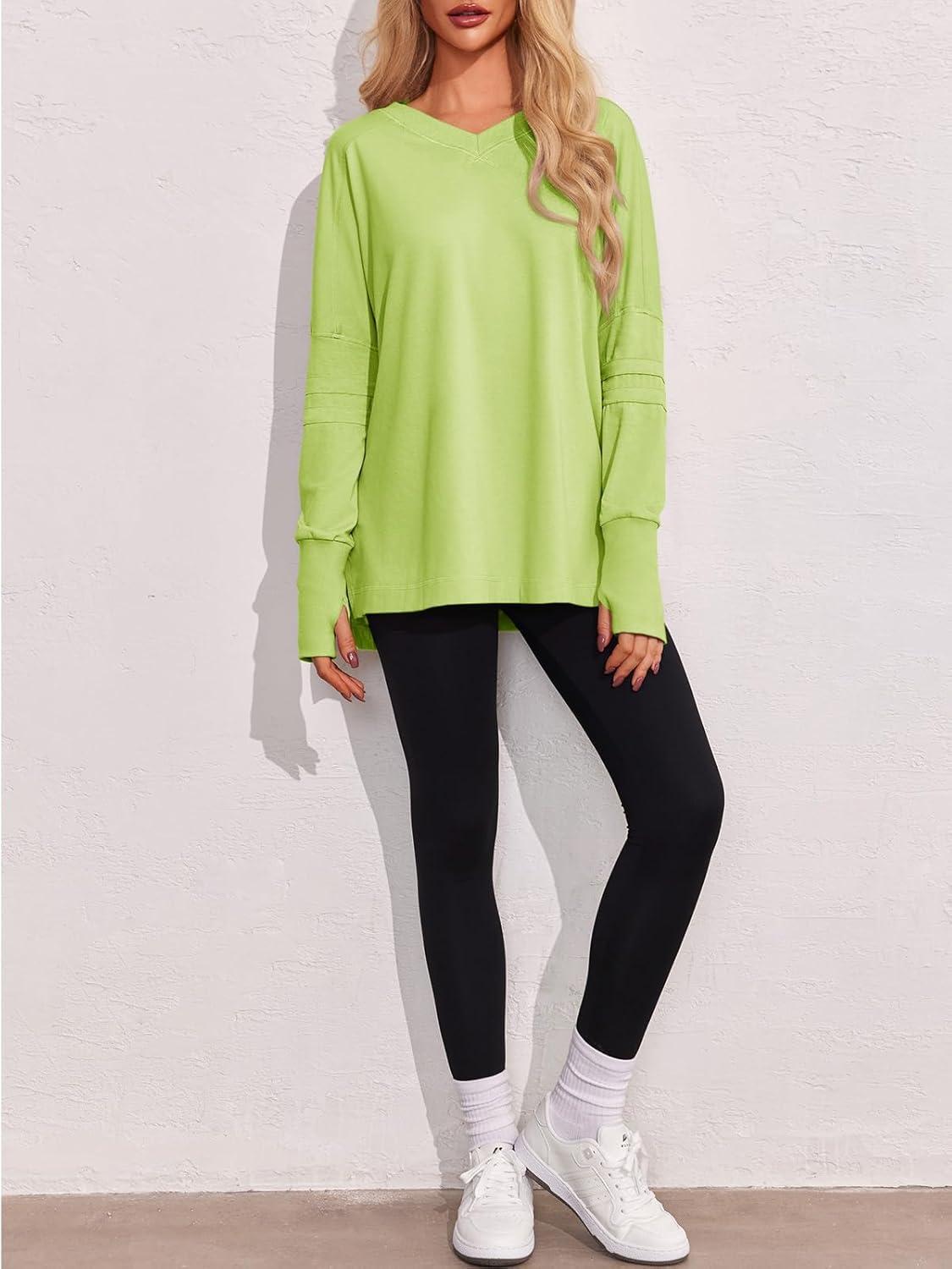 imageTankaneo Womens Oversized Long Sleeve Shirts V Neck Tshirts Casual Loose Fit Tunic Tops for Leggings with Thumb HolesFluorescent Green