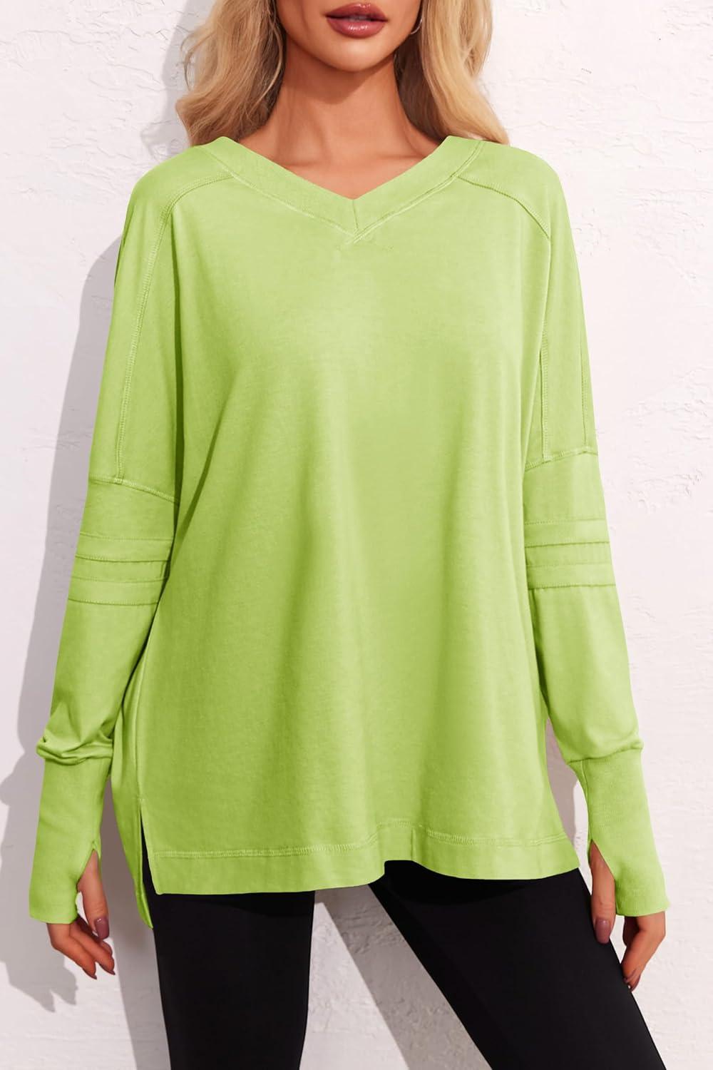 imageTankaneo Womens Oversized Long Sleeve Shirts V Neck Tshirts Casual Loose Fit Tunic Tops for Leggings with Thumb HolesFluorescent Green