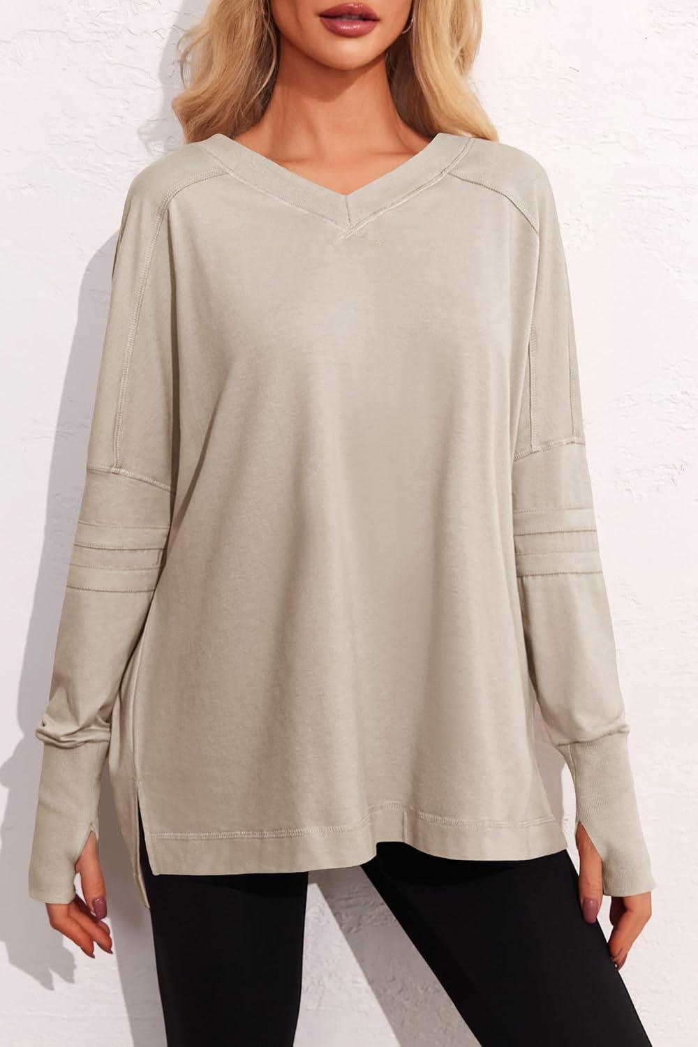 imageTankaneo Womens Oversized Long Sleeve Shirts V Neck Tshirts Casual Loose Fit Tunic Tops for Leggings with Thumb HolesKhaki