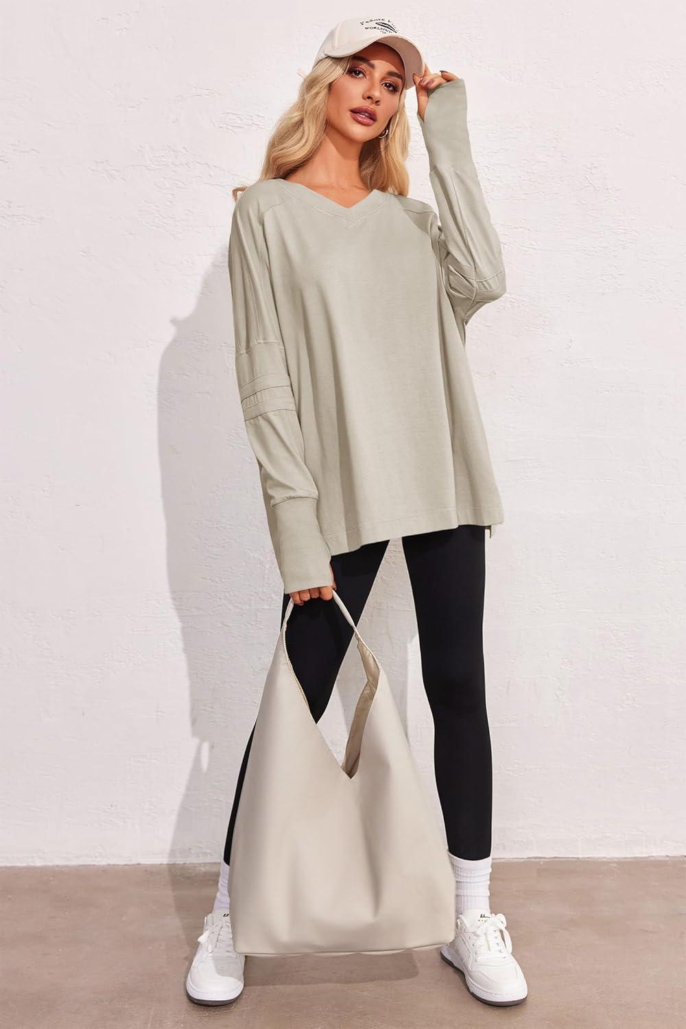 imageTankaneo Womens Oversized Long Sleeve Shirts V Neck Tshirts Casual Loose Fit Tunic Tops for Leggings with Thumb HolesKhaki