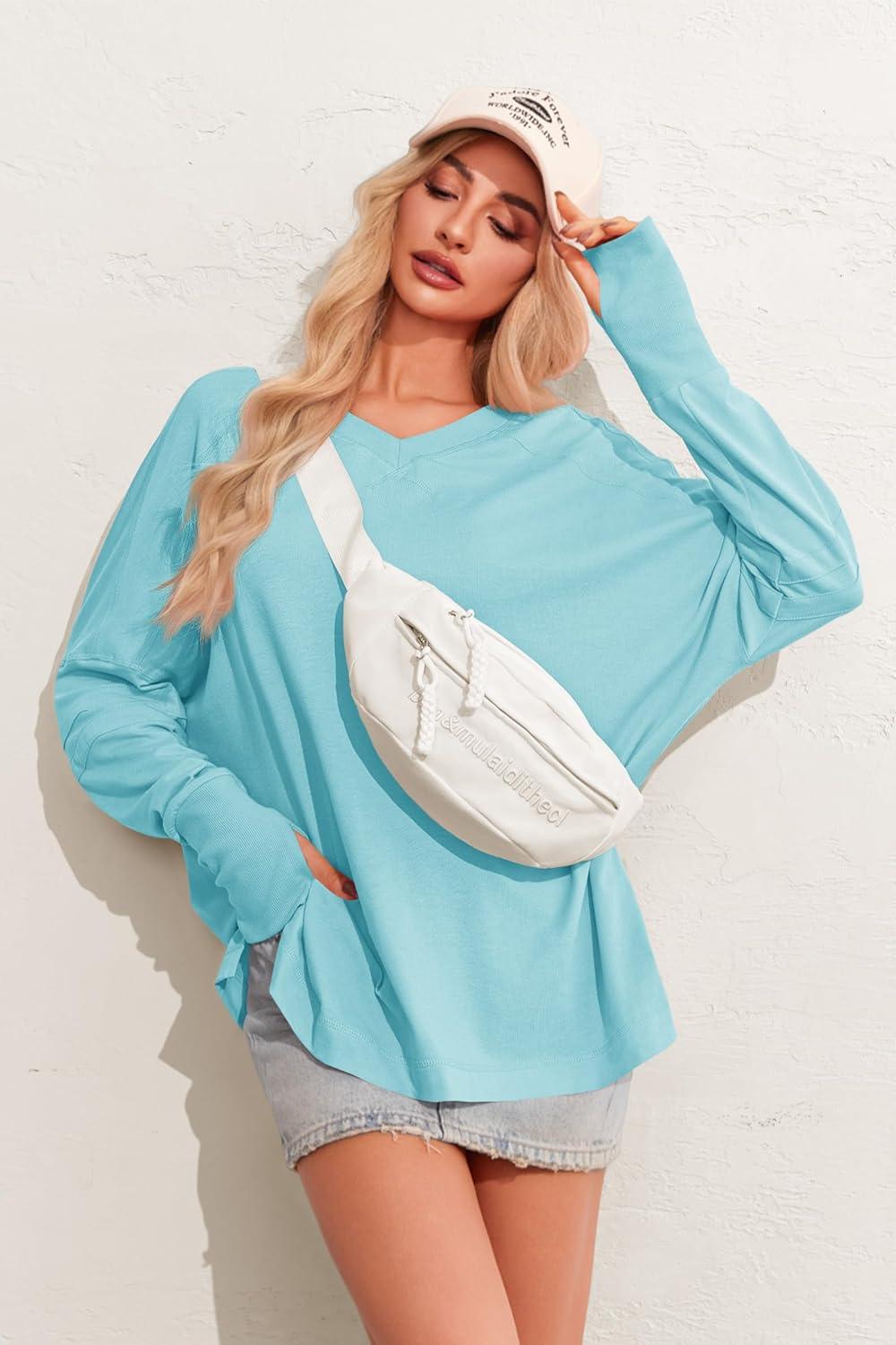 imageTankaneo Womens Oversized Long Sleeve Shirts V Neck Tshirts Casual Loose Fit Tunic Tops for Leggings with Thumb HolesLake Blue