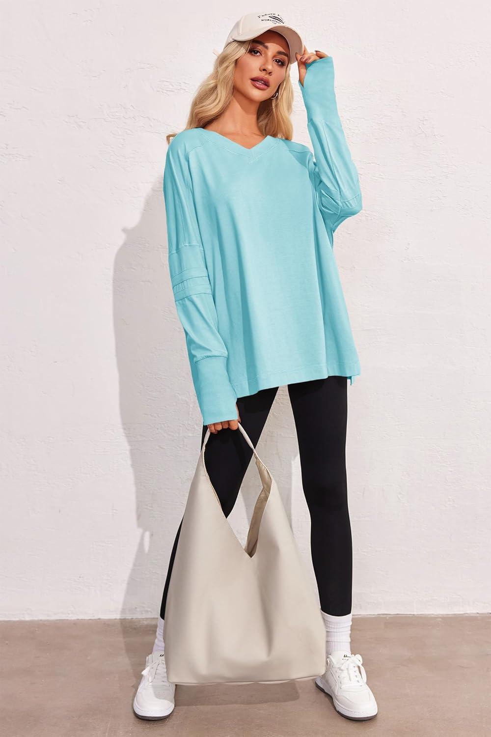 imageTankaneo Womens Oversized Long Sleeve Shirts V Neck Tshirts Casual Loose Fit Tunic Tops for Leggings with Thumb HolesLake Blue