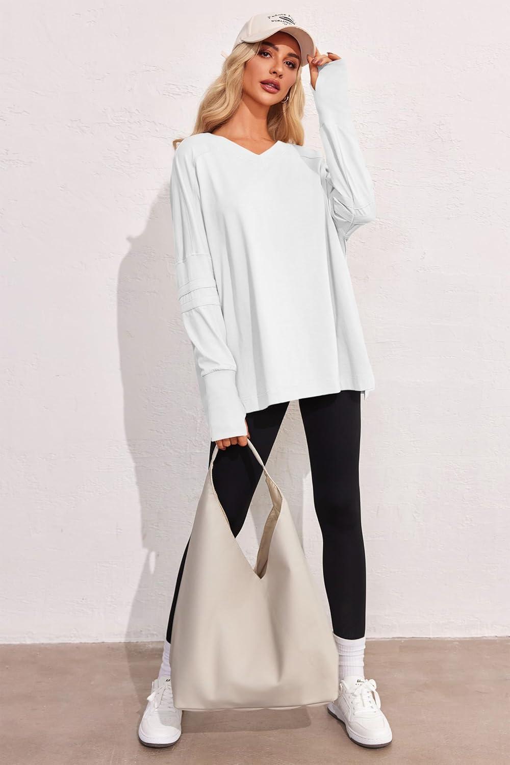 imageTankaneo Womens Oversized Long Sleeve Shirts V Neck Tshirts Casual Loose Fit Tunic Tops for Leggings with Thumb HolesWhite