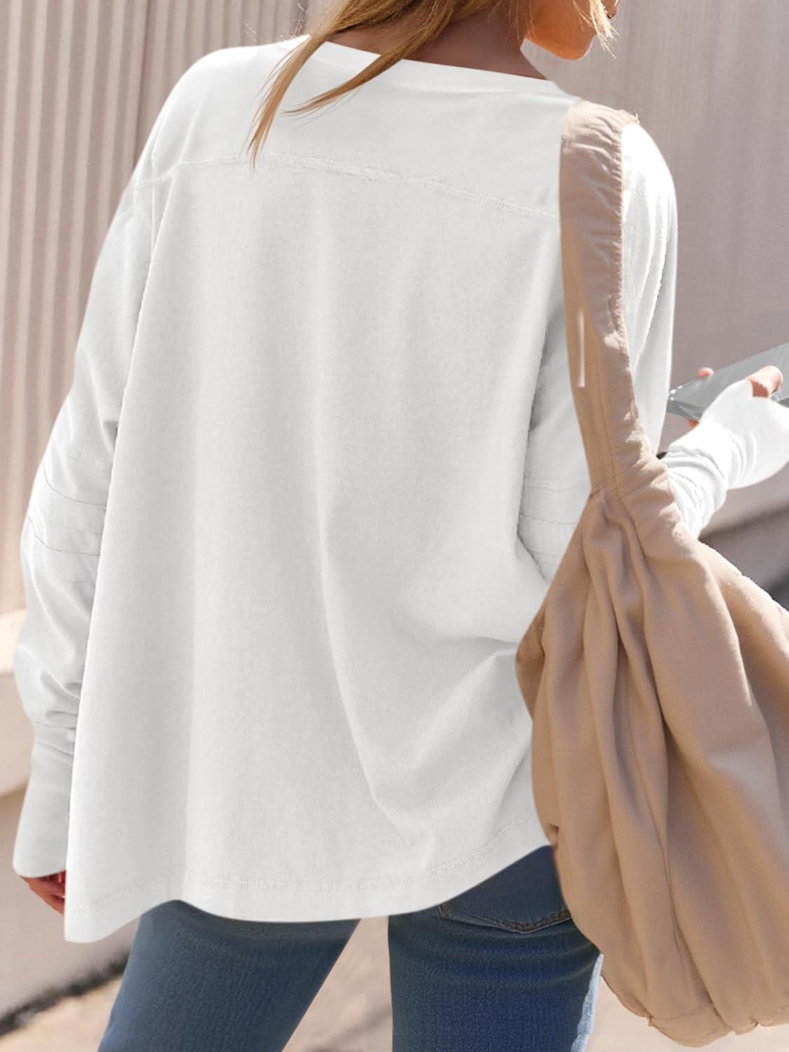 imageTankaneo Womens Oversized Long Sleeve Shirts V Neck Tshirts Casual Loose Fit Tunic Tops for Leggings with Thumb HolesWhite