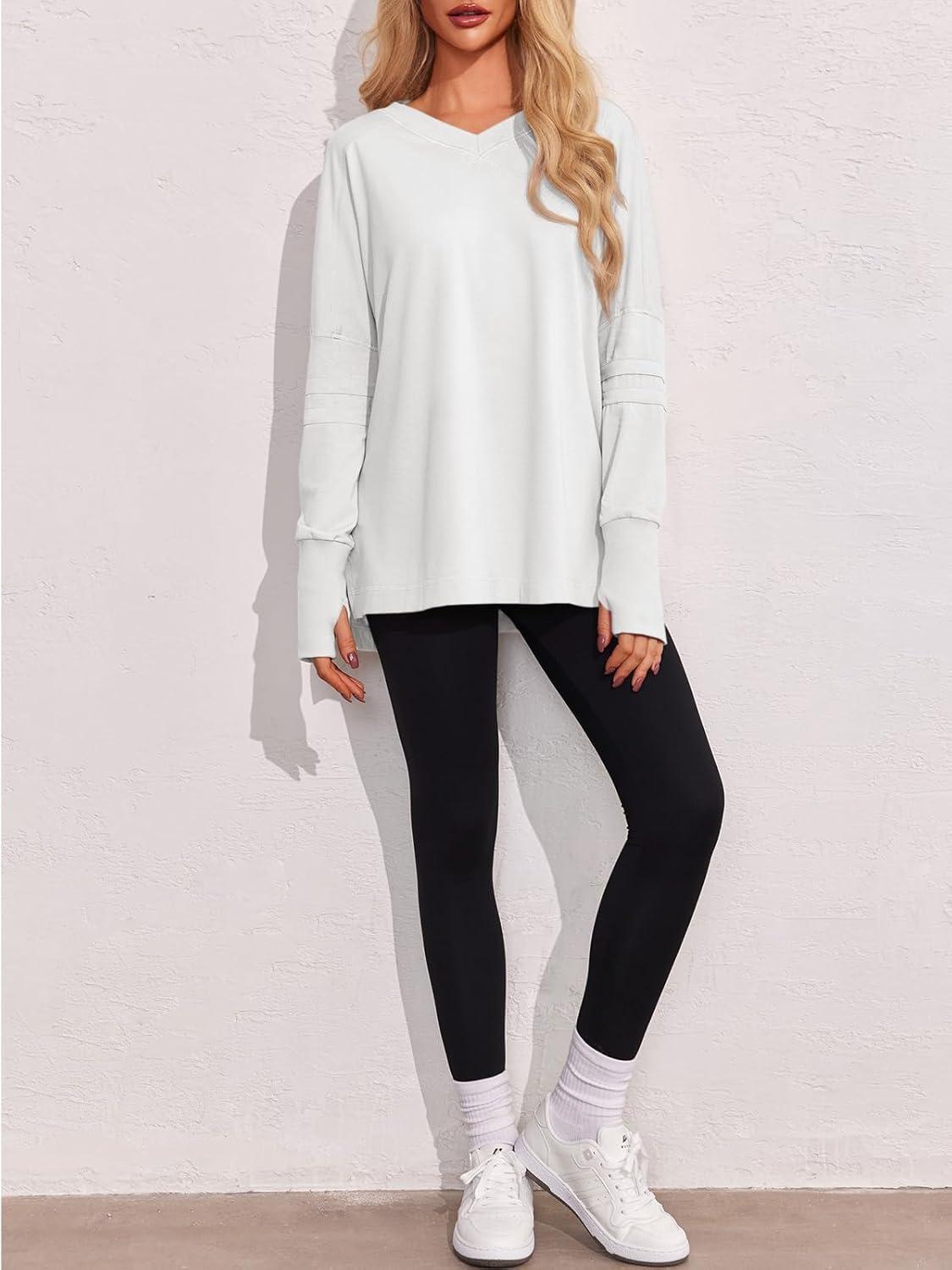 imageTankaneo Womens Oversized Long Sleeve Shirts V Neck Tshirts Casual Loose Fit Tunic Tops for Leggings with Thumb HolesWhite