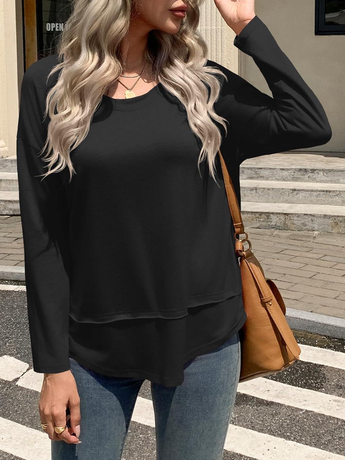 imageTankaneo Womens Oversized Scoop Neck Long Sleeve Shirts Casual Loose Fit Tunic Tops Fall Basic TeesBlack