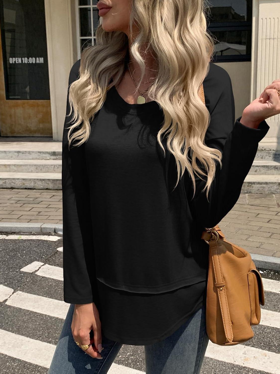 imageTankaneo Womens Oversized Scoop Neck Long Sleeve Shirts Casual Loose Fit Tunic Tops Fall Basic TeesBlack