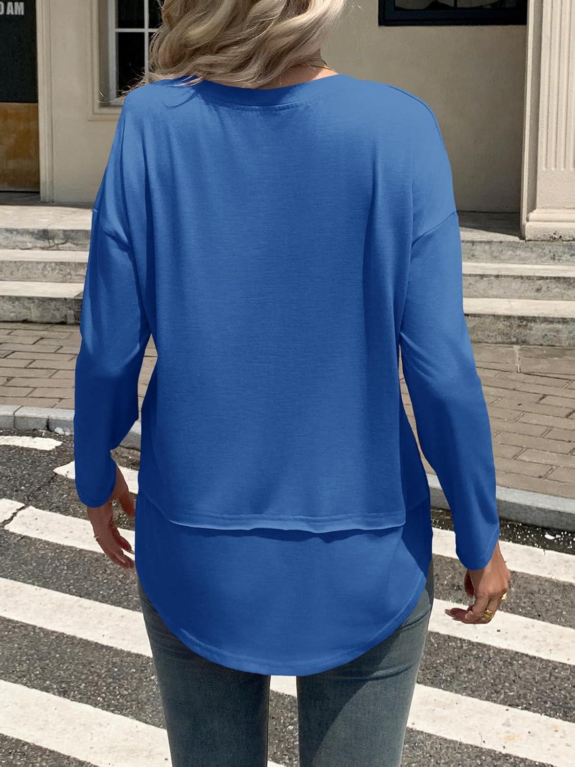 imageTankaneo Womens Oversized Scoop Neck Long Sleeve Shirts Casual Loose Fit Tunic Tops Fall Basic TeesBlue