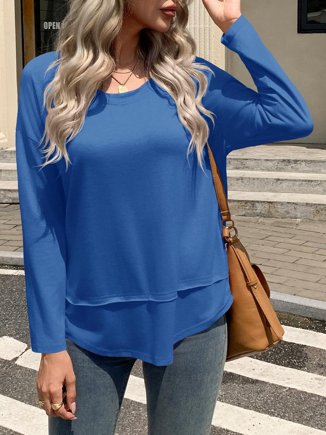 imageTankaneo Womens Oversized Scoop Neck Long Sleeve Shirts Casual Loose Fit Tunic Tops Fall Basic TeesBlue