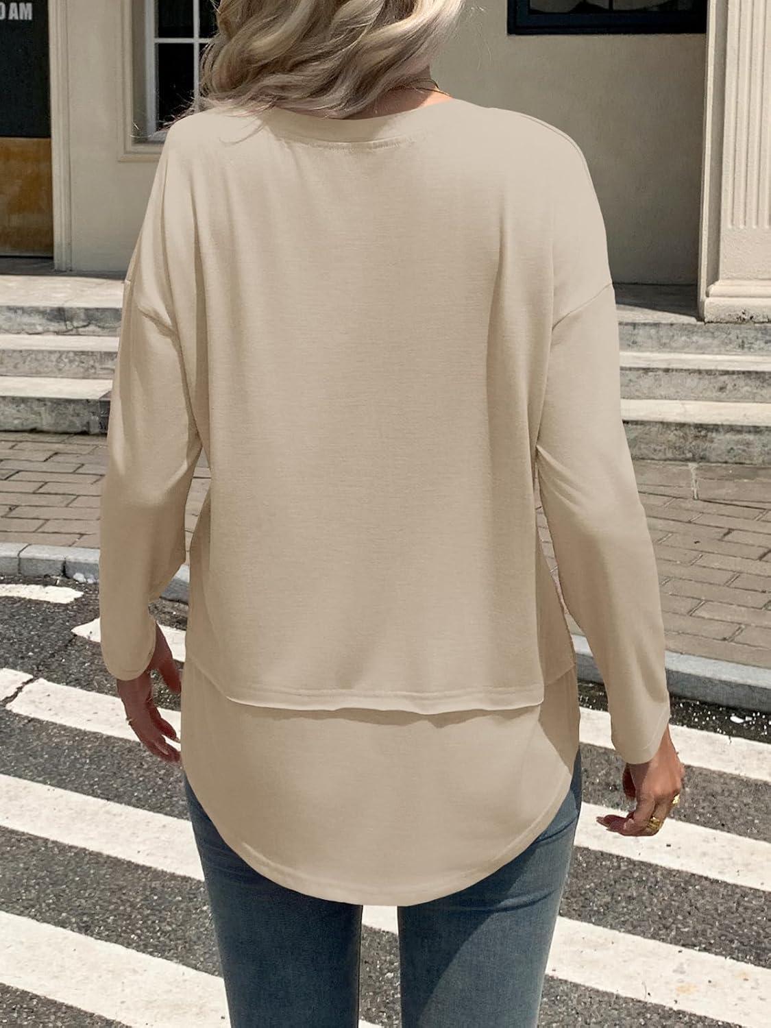 imageTankaneo Womens Oversized Scoop Neck Long Sleeve Shirts Casual Loose Fit Tunic Tops Fall Basic TeesKhaki