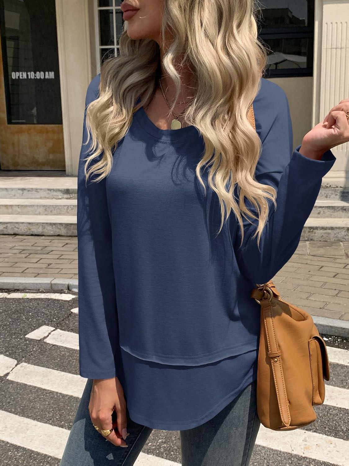 imageTankaneo Womens Oversized Scoop Neck Long Sleeve Shirts Casual Loose Fit Tunic Tops Fall Basic TeesNavy