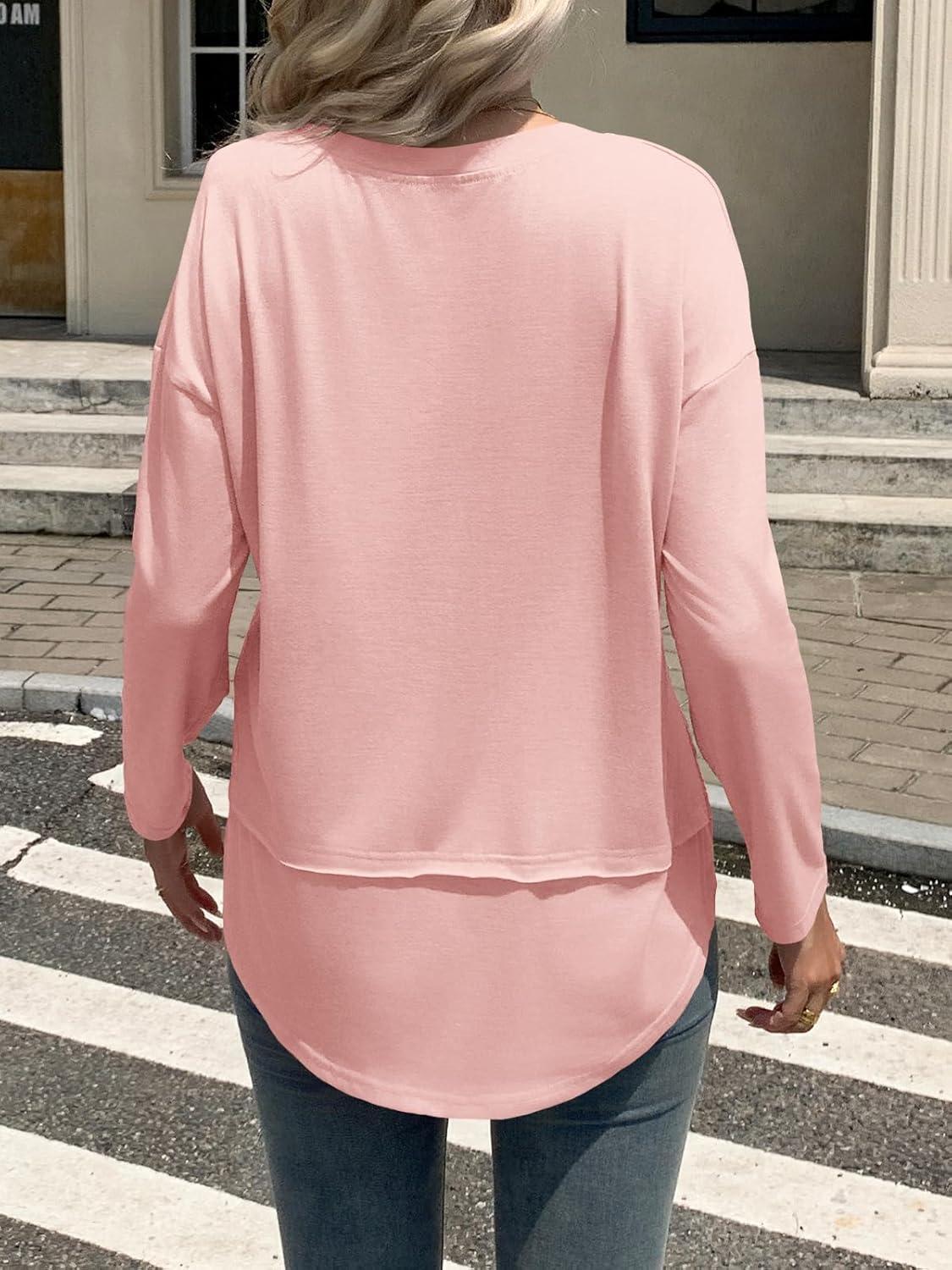 imageTankaneo Womens Oversized Scoop Neck Long Sleeve Shirts Casual Loose Fit Tunic Tops Fall Basic TeesPink