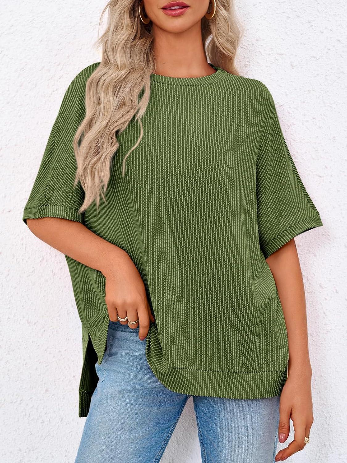 imageTankaneo Womens Oversized T Shirts Summer Casual Ribbed Batwing Short Sleeve Tunic Tops Loose Fit Dolman Sleeve TeesArmy Green