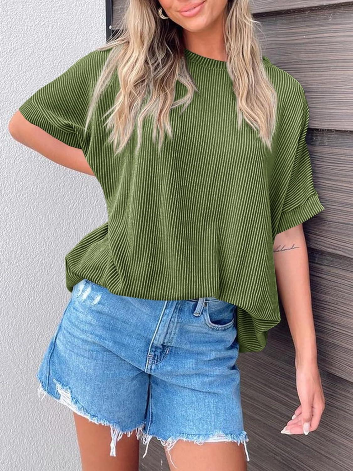 imageTankaneo Womens Oversized T Shirts Summer Casual Ribbed Batwing Short Sleeve Tunic Tops Loose Fit Dolman Sleeve TeesArmy Green