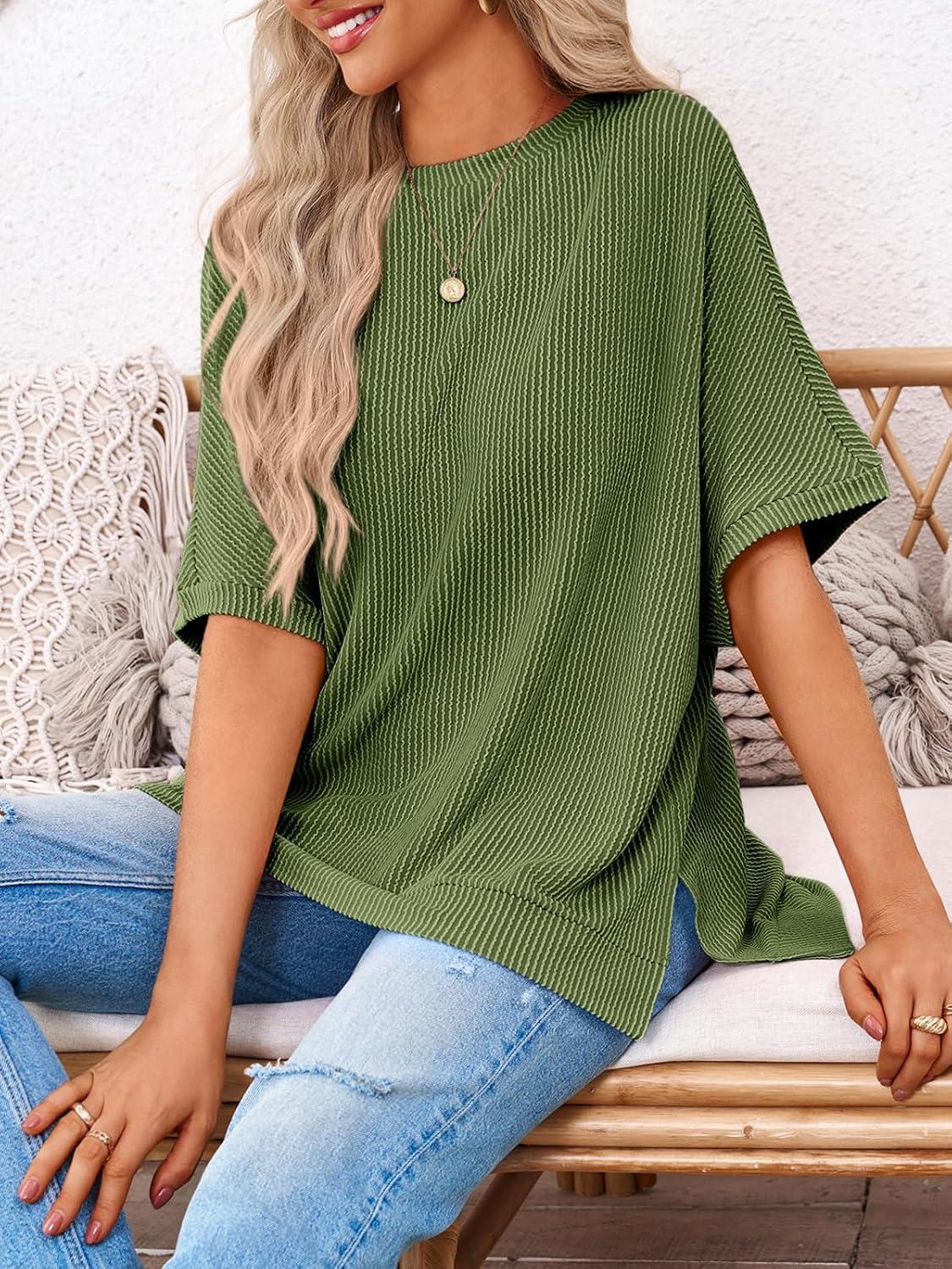 imageTankaneo Womens Oversized T Shirts Summer Casual Ribbed Batwing Short Sleeve Tunic Tops Loose Fit Dolman Sleeve TeesArmy Green