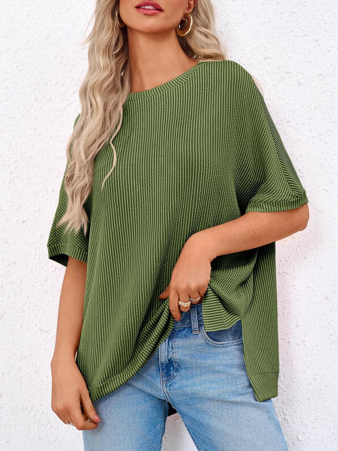 imageTankaneo Womens Oversized T Shirts Summer Casual Ribbed Batwing Short Sleeve Tunic Tops Loose Fit Dolman Sleeve TeesArmy Green