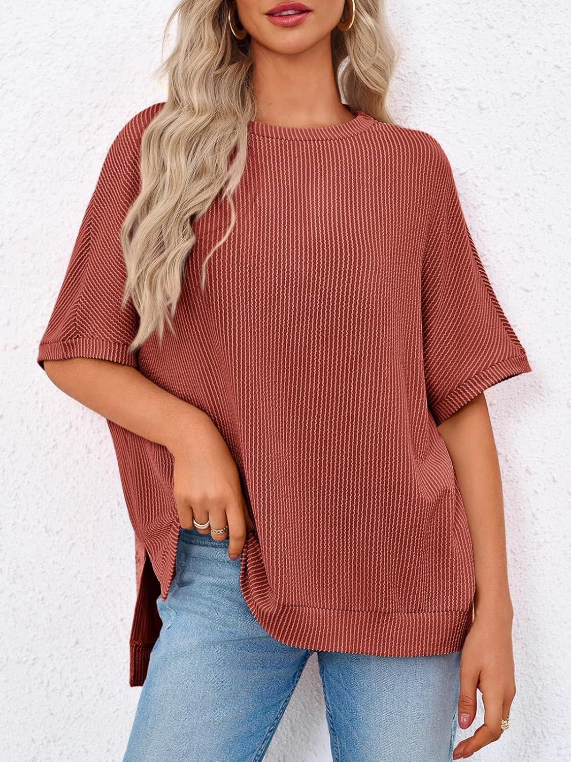 imageTankaneo Womens Oversized T Shirts Summer Casual Ribbed Batwing Short Sleeve Tunic Tops Loose Fit Dolman Sleeve TeesBrick Red