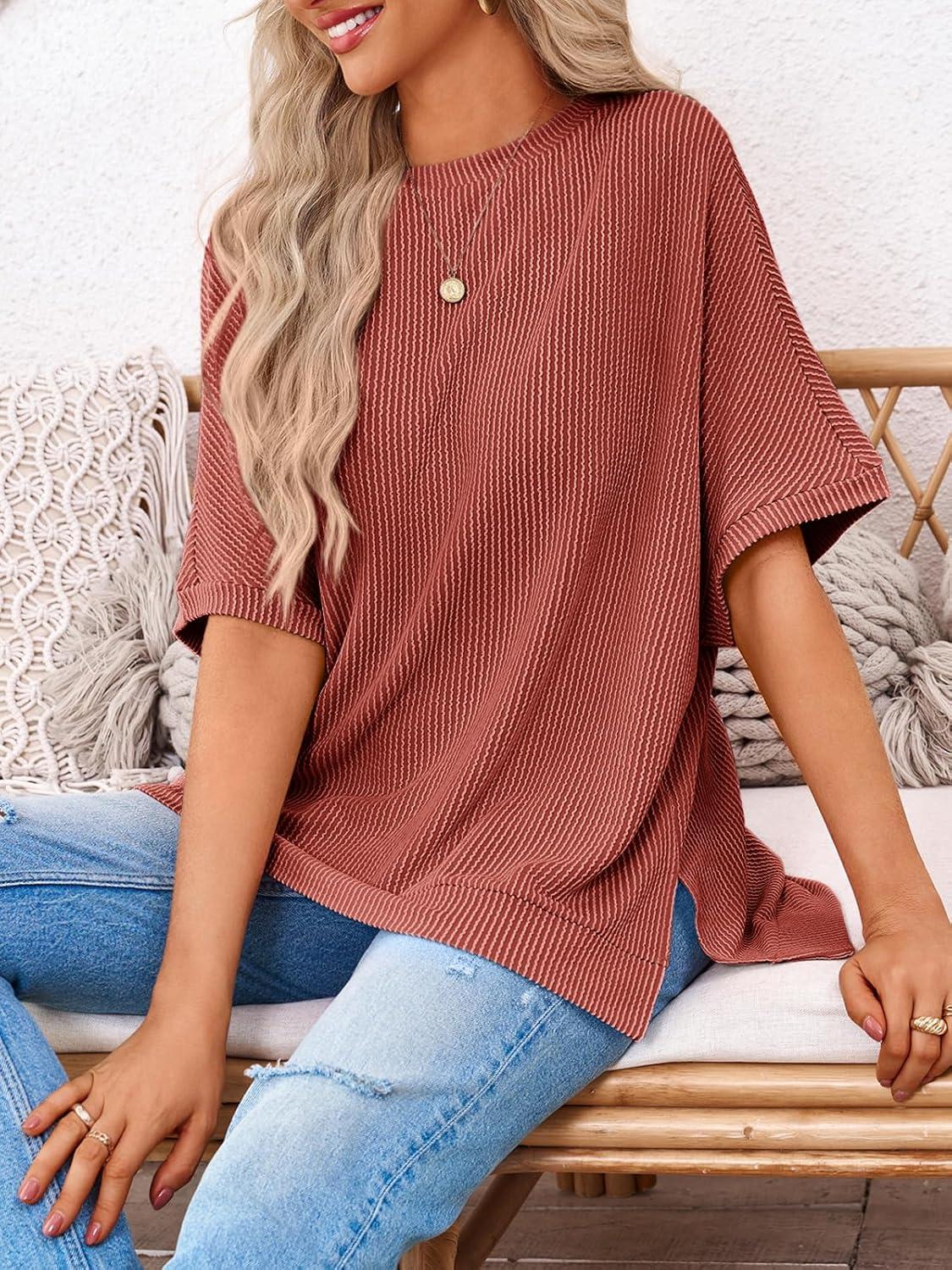imageTankaneo Womens Oversized T Shirts Summer Casual Ribbed Batwing Short Sleeve Tunic Tops Loose Fit Dolman Sleeve TeesBrick Red