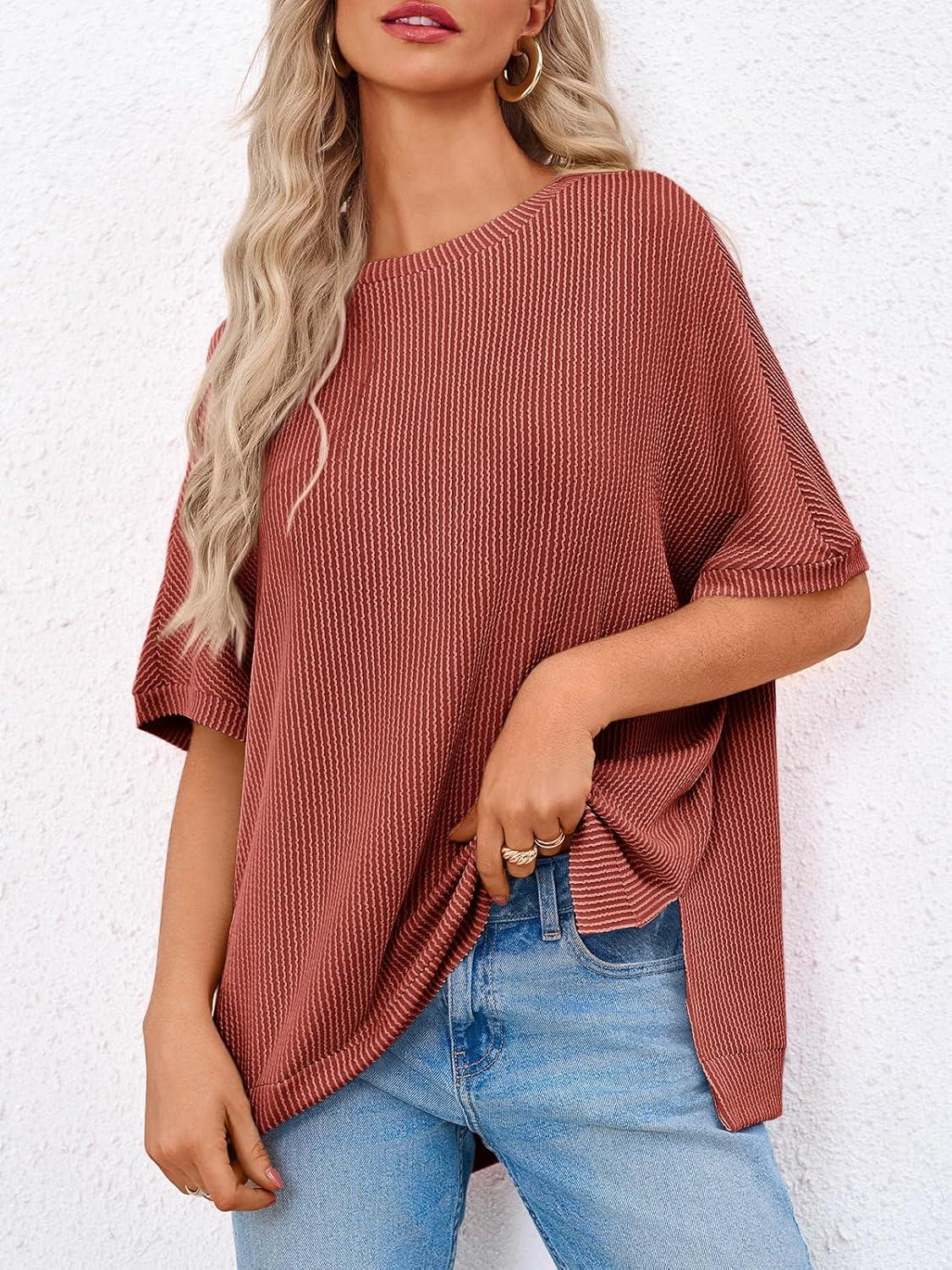 imageTankaneo Womens Oversized T Shirts Summer Casual Ribbed Batwing Short Sleeve Tunic Tops Loose Fit Dolman Sleeve TeesBrick Red