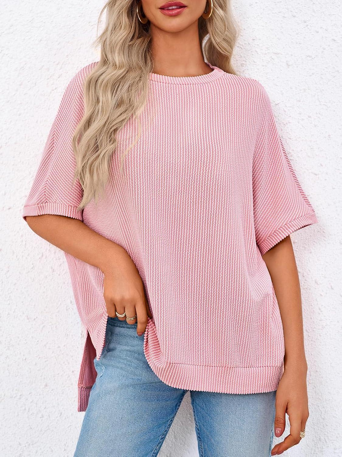 imageTankaneo Womens Oversized T Shirts Summer Casual Ribbed Batwing Short Sleeve Tunic Tops Loose Fit Dolman Sleeve TeesPink