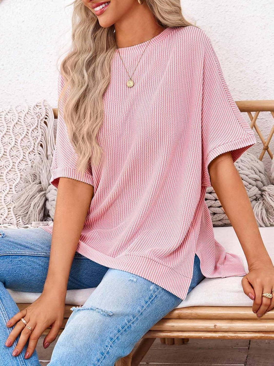 imageTankaneo Womens Oversized T Shirts Summer Casual Ribbed Batwing Short Sleeve Tunic Tops Loose Fit Dolman Sleeve TeesPink