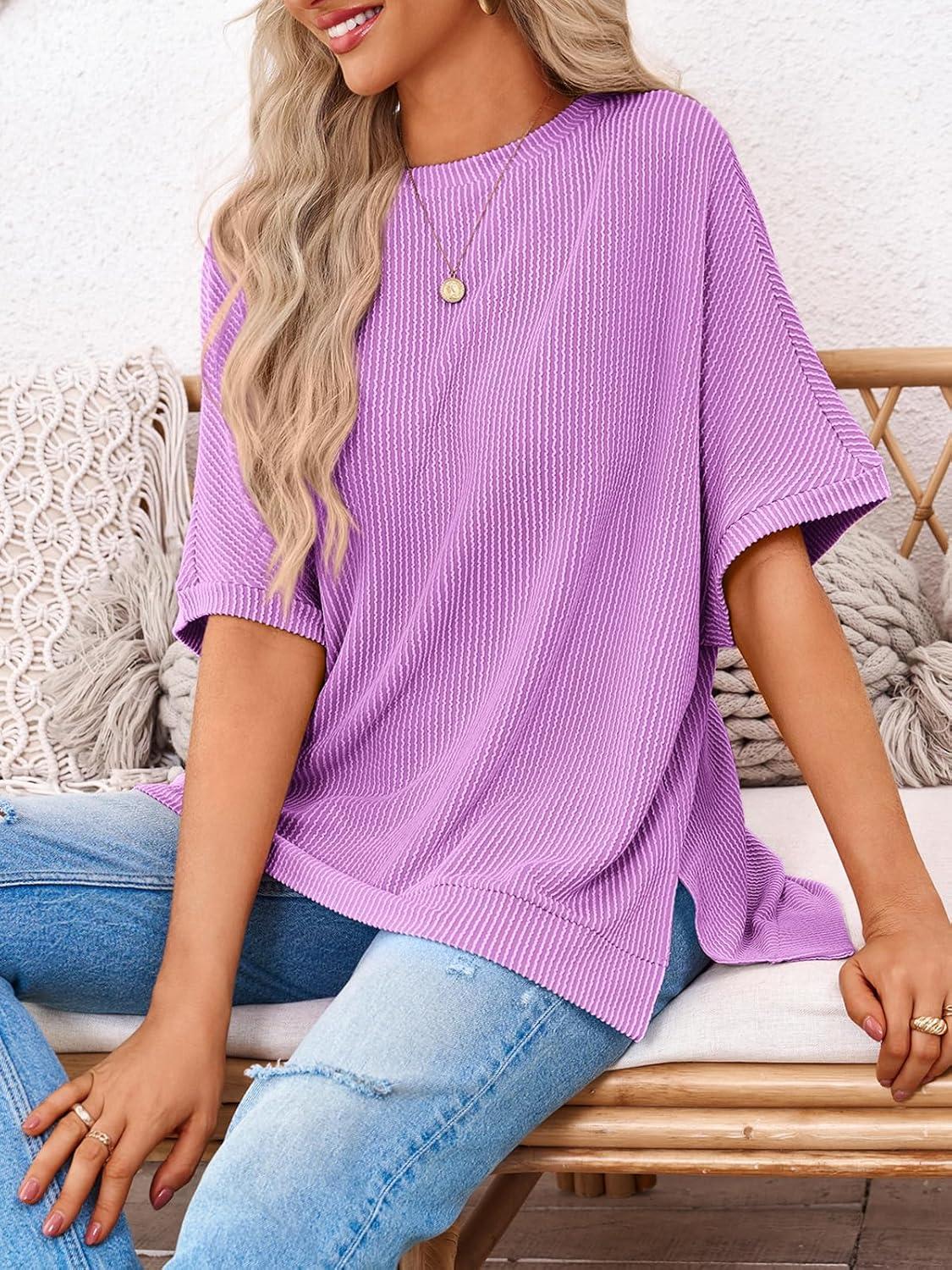 imageTankaneo Womens Oversized T Shirts Summer Casual Ribbed Batwing Short Sleeve Tunic Tops Loose Fit Dolman Sleeve TeesPurple
