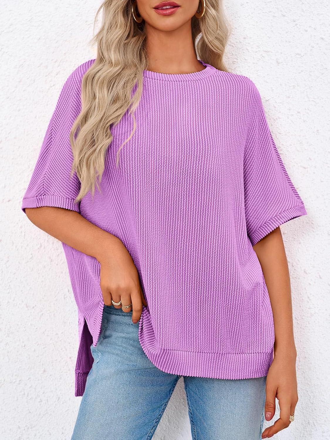 imageTankaneo Womens Oversized T Shirts Summer Casual Ribbed Batwing Short Sleeve Tunic Tops Loose Fit Dolman Sleeve TeesPurple
