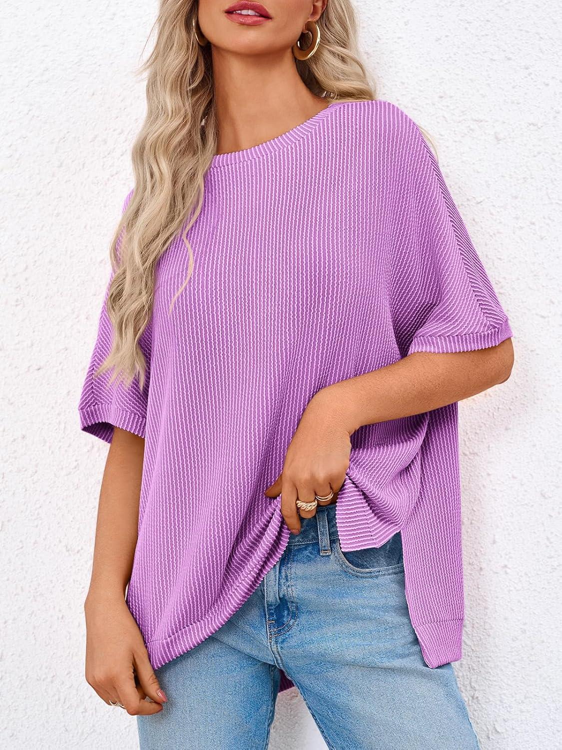 imageTankaneo Womens Oversized T Shirts Summer Casual Ribbed Batwing Short Sleeve Tunic Tops Loose Fit Dolman Sleeve TeesPurple