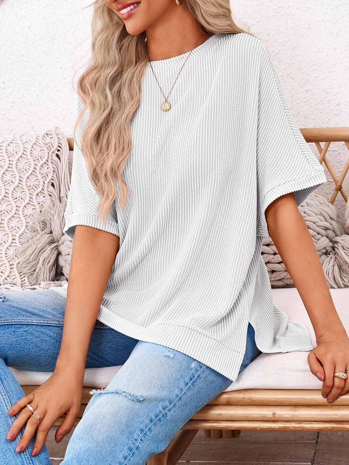 imageTankaneo Womens Oversized T Shirts Summer Casual Ribbed Batwing Short Sleeve Tunic Tops Loose Fit Dolman Sleeve TeesWhite