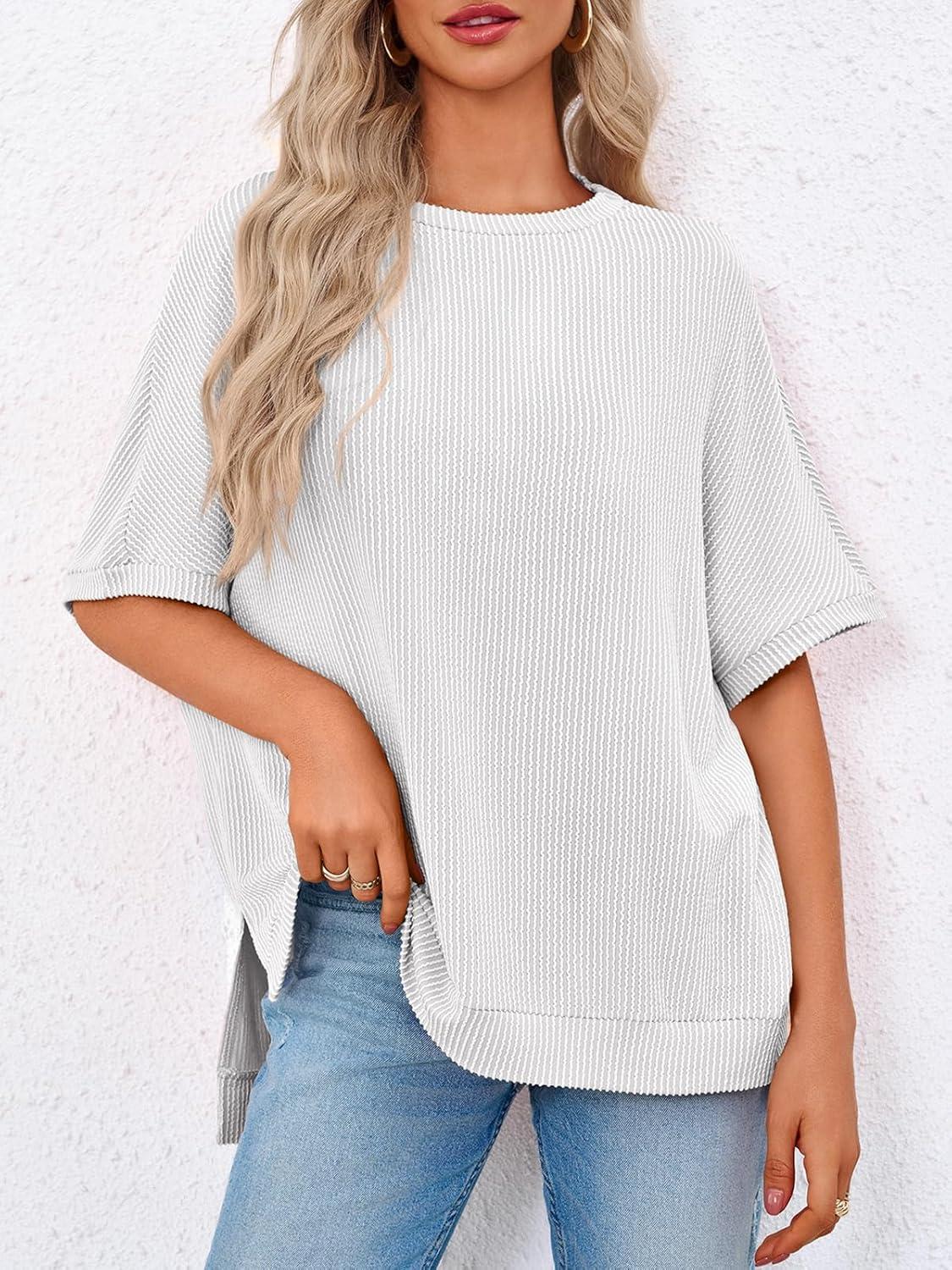 imageTankaneo Womens Oversized T Shirts Summer Casual Ribbed Batwing Short Sleeve Tunic Tops Loose Fit Dolman Sleeve TeesWhite