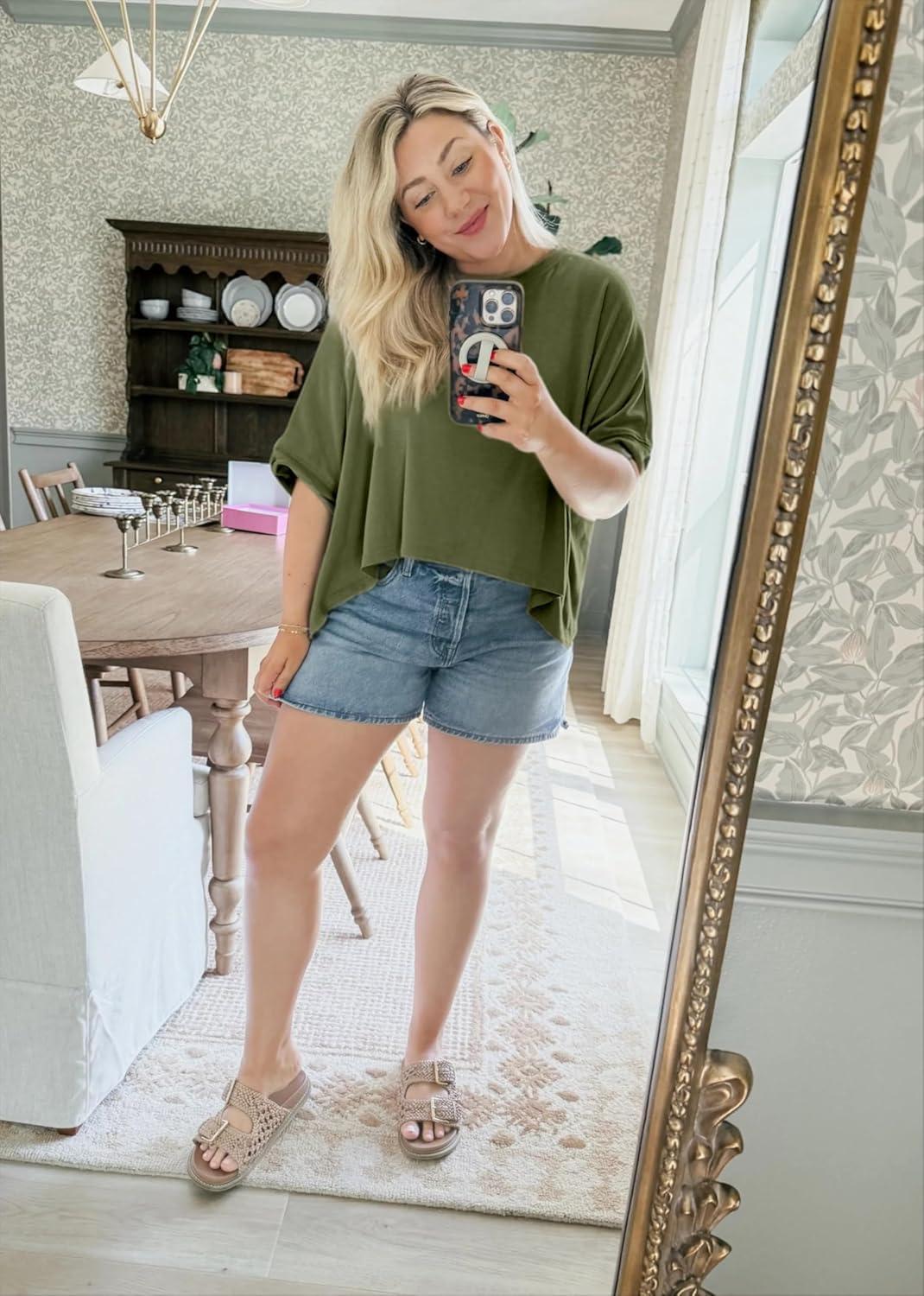 imageTankaneo Womens Oversized TShirts Cropped Summer Casual Short Sleeve Loose Fit Tee TopsArmy Green