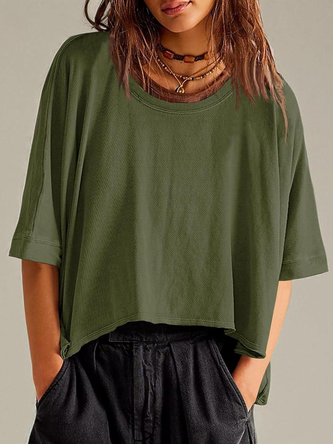 imageTankaneo Womens Oversized TShirts Cropped Summer Casual Short Sleeve Loose Fit Tee TopsArmy Green