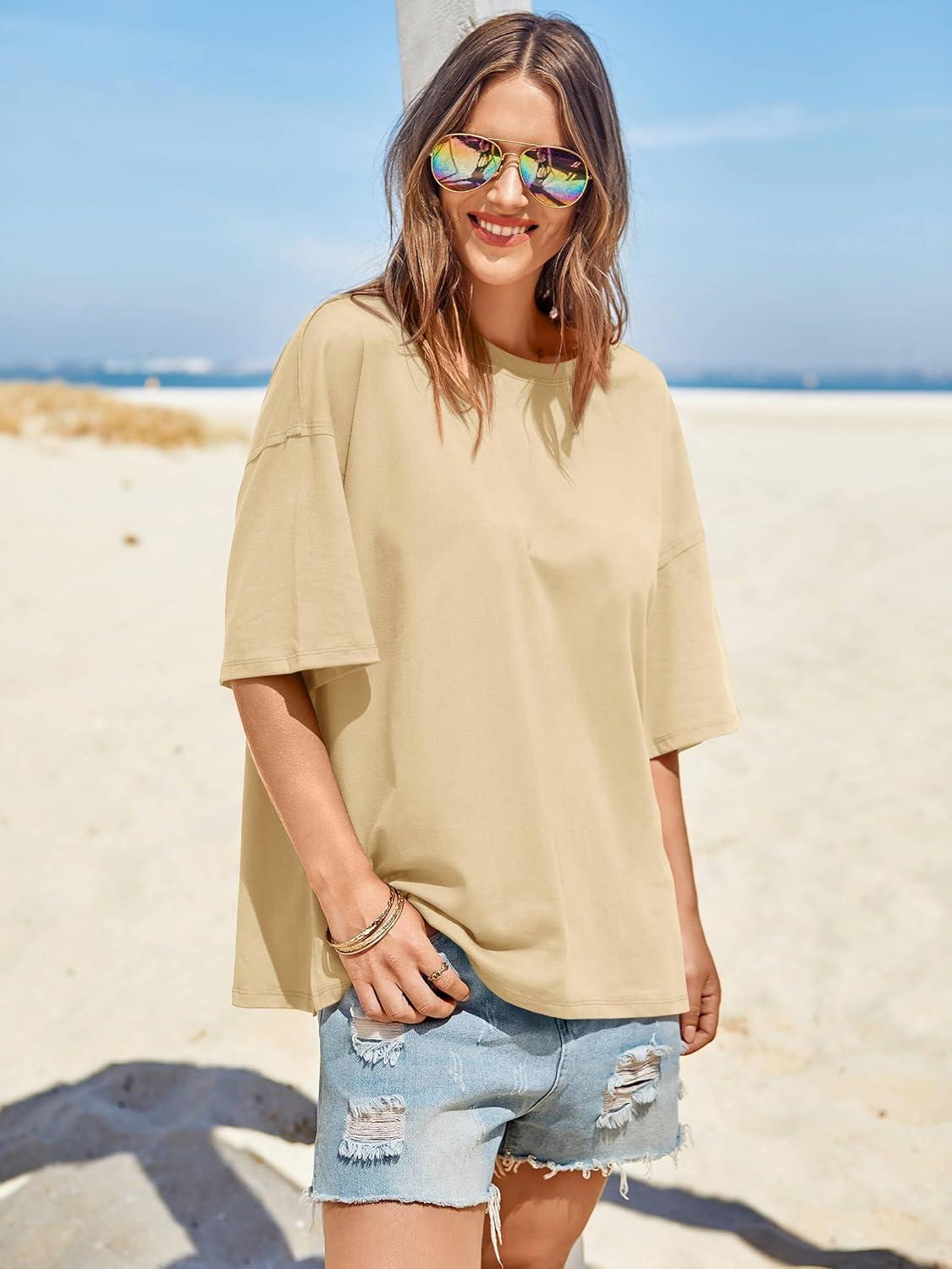 imageTankaneo Womens Oversized Tshirts Summer Casual Short Sleeve Crew Neck T Shirt Loose Fit Side Slit Tee TopsBeige