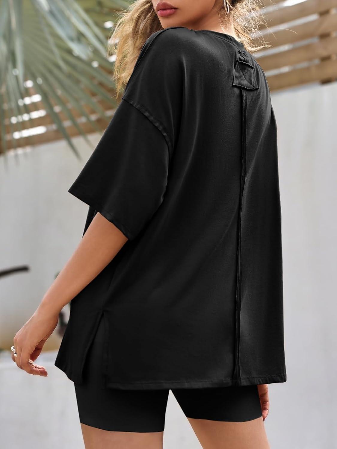 imageTankaneo Womens Oversized Tshirts Summer Casual Short Sleeve Crew Neck T Shirt Loose Fit Side Slit Tee TopsBlack