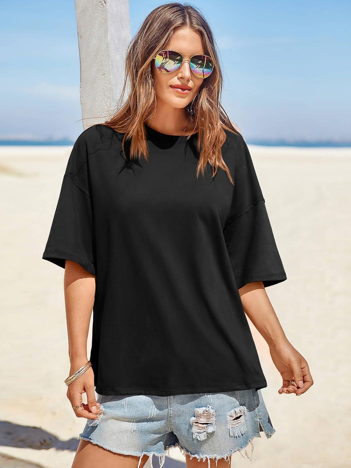 imageTankaneo Womens Oversized Tshirts Summer Casual Short Sleeve Crew Neck T Shirt Loose Fit Side Slit Tee TopsBlack