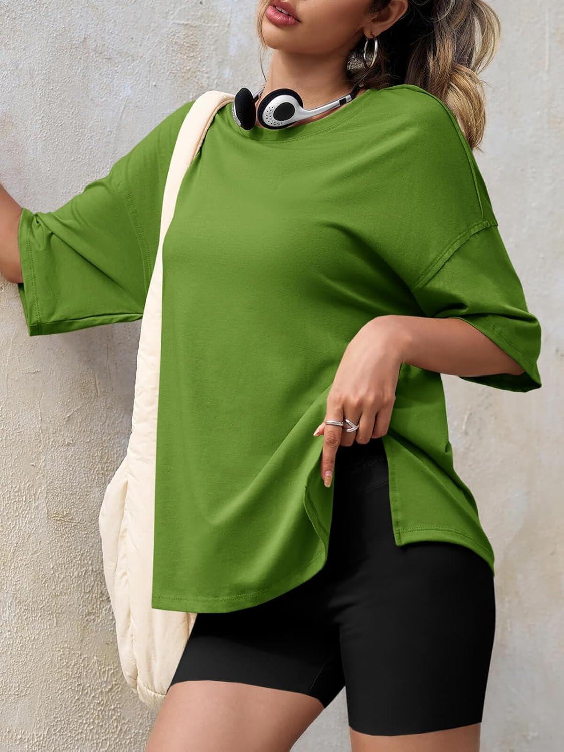 imageTankaneo Womens Oversized Tshirts Summer Casual Short Sleeve Crew Neck T Shirt Loose Fit Side Slit Tee TopsGreen