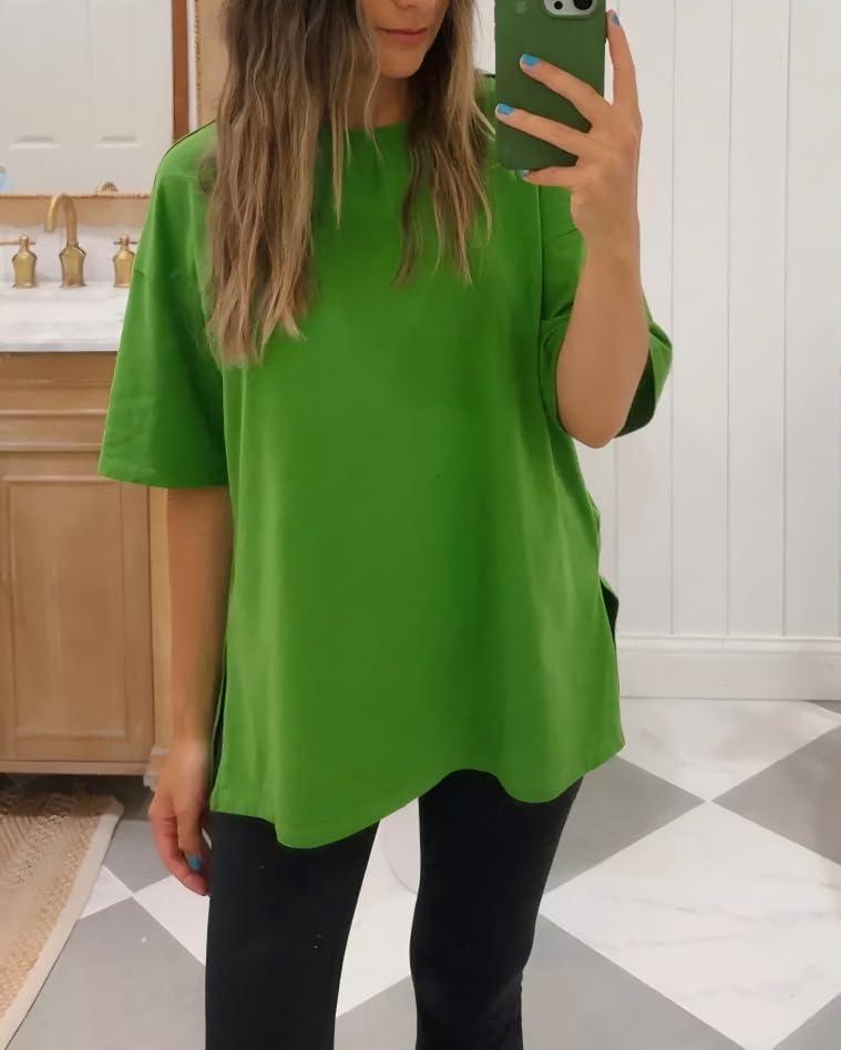 imageTankaneo Womens Oversized Tshirts Summer Casual Short Sleeve Crew Neck T Shirt Loose Fit Side Slit Tee TopsGreen