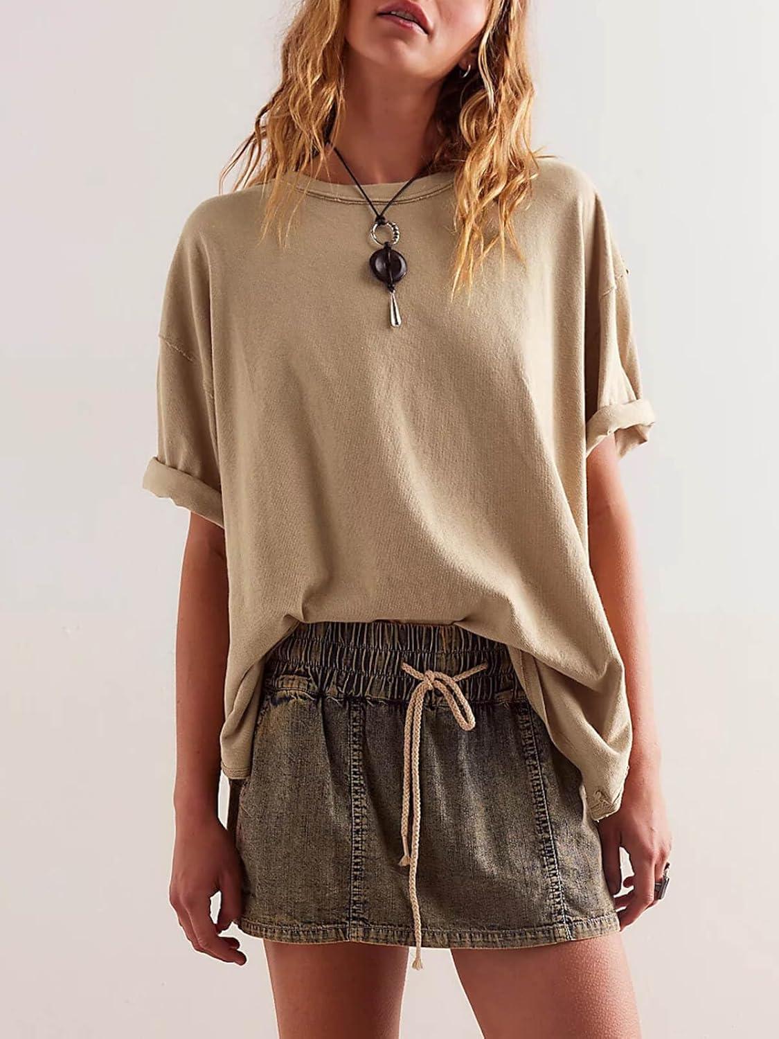 imageTankaneo Womens Oversized Tshirts Summer Casual Short Sleeve Crew Neck T Shirt Loose Fit Side Slit Tee TopsKhaki