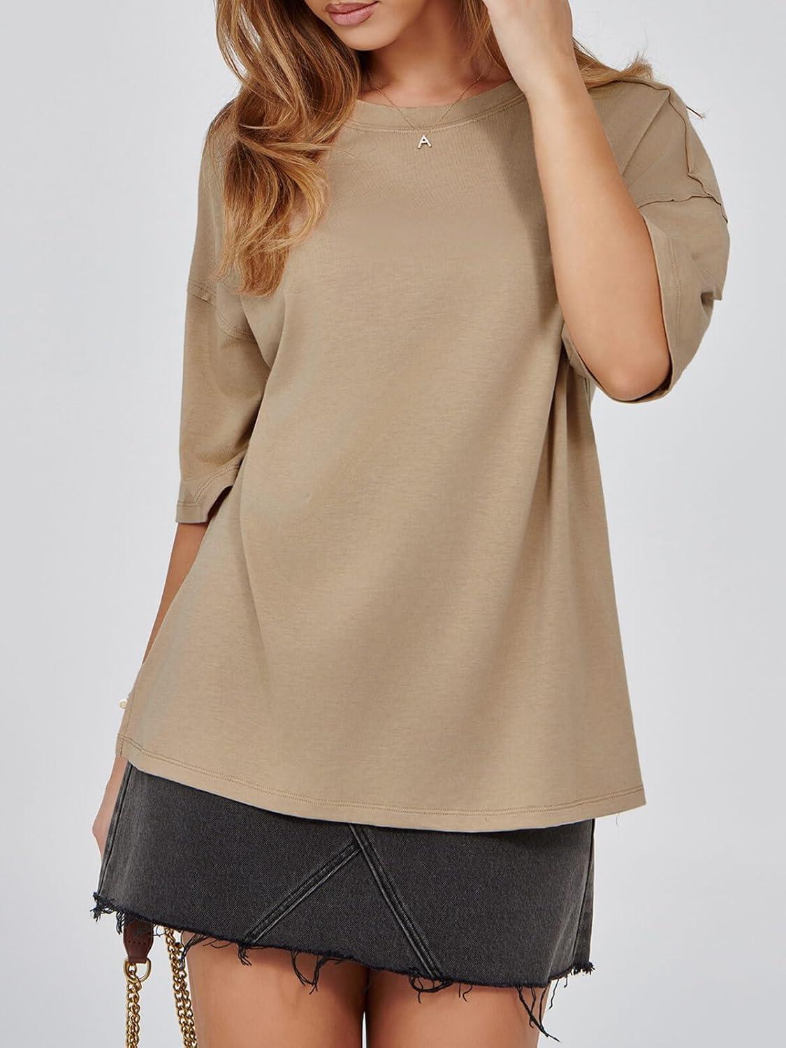 imageTankaneo Womens Oversized Tshirts Summer Casual Short Sleeve Crew Neck T Shirt Loose Fit Side Slit Tee TopsKhaki