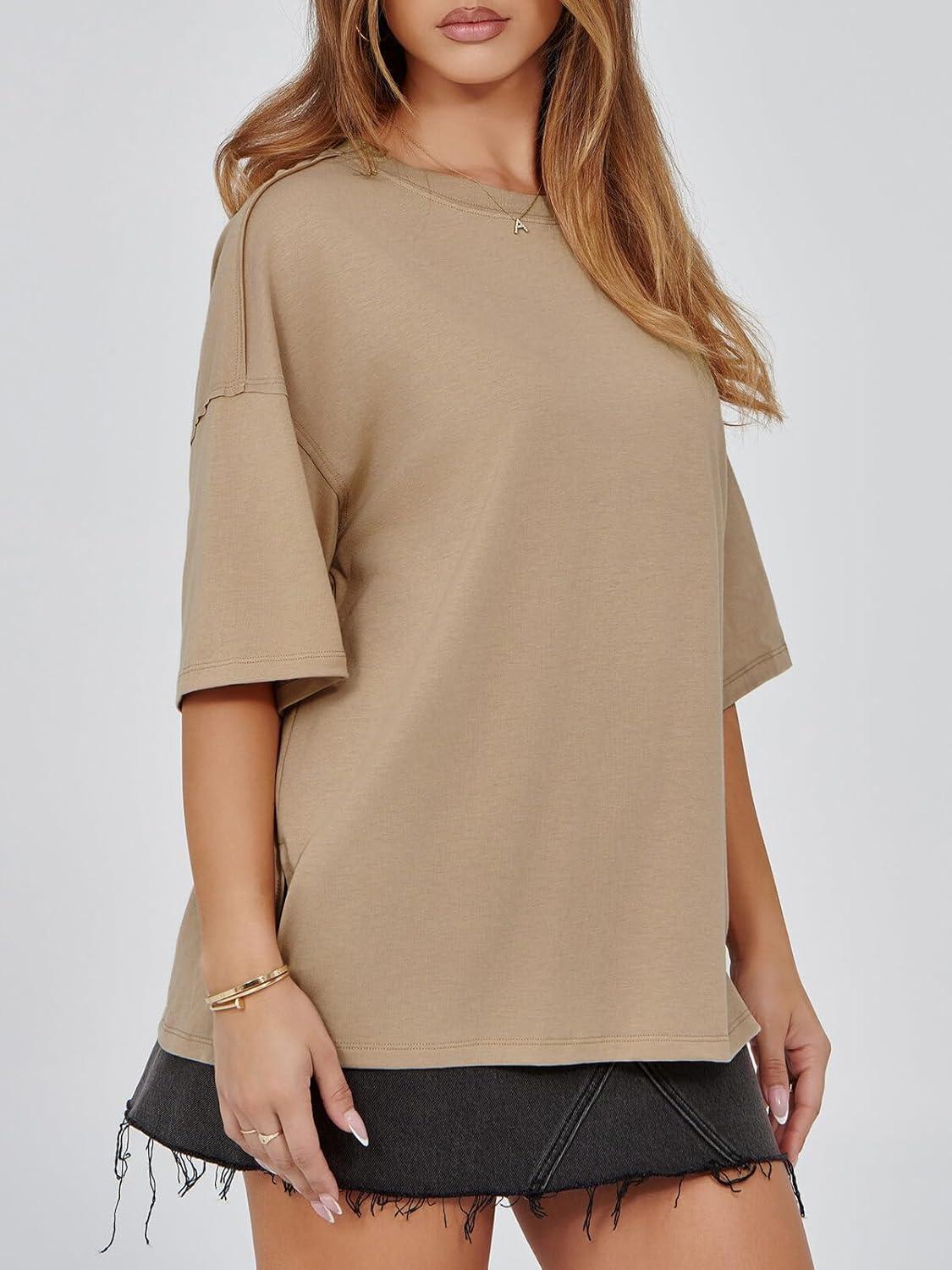 imageTankaneo Womens Oversized Tshirts Summer Casual Short Sleeve Crew Neck T Shirt Loose Fit Side Slit Tee TopsKhaki